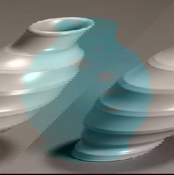 Keith Murray Wedgwood Blue Vase After 1940: Keith Murray Wedgwood Blue Vase After 1940 The bulbous vase with horizontal bandings. With printed factory mark. Height: 7-1/4 in (18.4 cm)