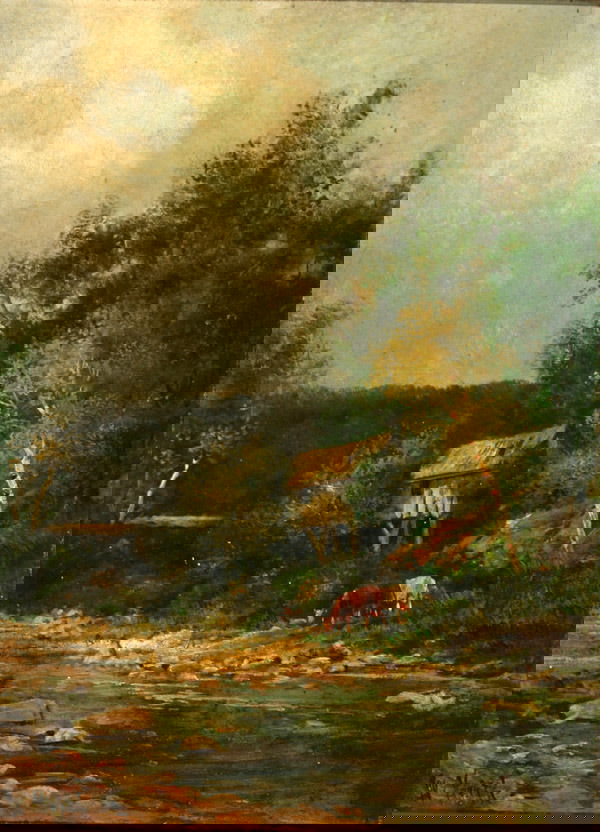 William Keith (American 1838-1911), River Landscap: William Keith (American 1838-1911) River Landscape with Covered Bridge Signed W. Keith l.l. Oil on canvas mounted on board 18 x 14 in (45.7 x 35.6 cm)