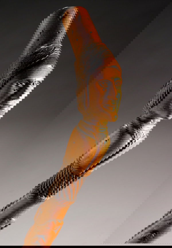 Continental Folk-Carved Fruitwood 'John Wesley' B: Continental Folk-Carved Fruitwood 'John Wesley' Bust Walking Stick Probably French, Early 20th Century The handle carved with a bust of John Wesley above a shaft carved with three male busts, a goat a