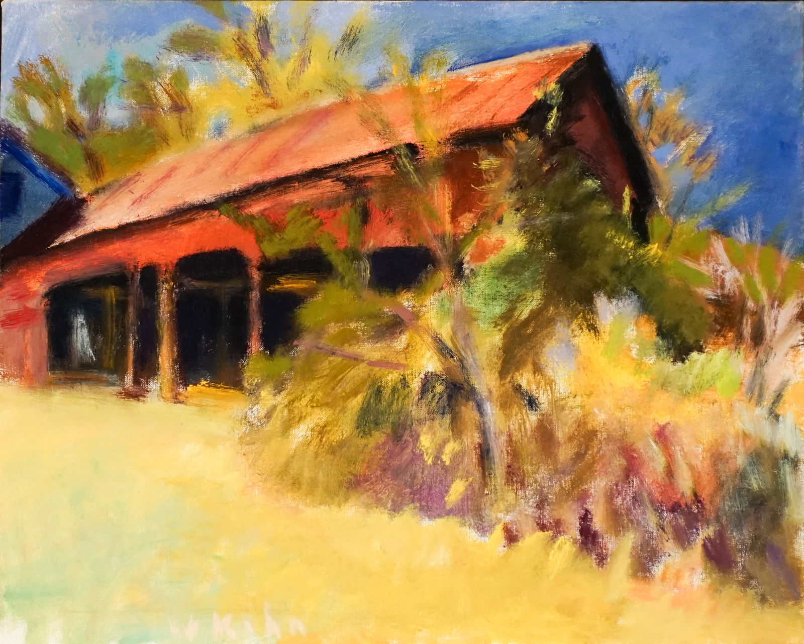 Wolf Kahn (American/German 1927-2020), Old Red Sheds, Oil on canvas, 1984, 16 x 20 in (40.6 x 50.8: Wolf Kahn(American/German, 1927-2020)Old Red ShedsOil on canvas, 1984Unsigned; dated 1984 and numbered 102 on versoProvenance:Grace Borgenicht Gallery, New York, purchased N