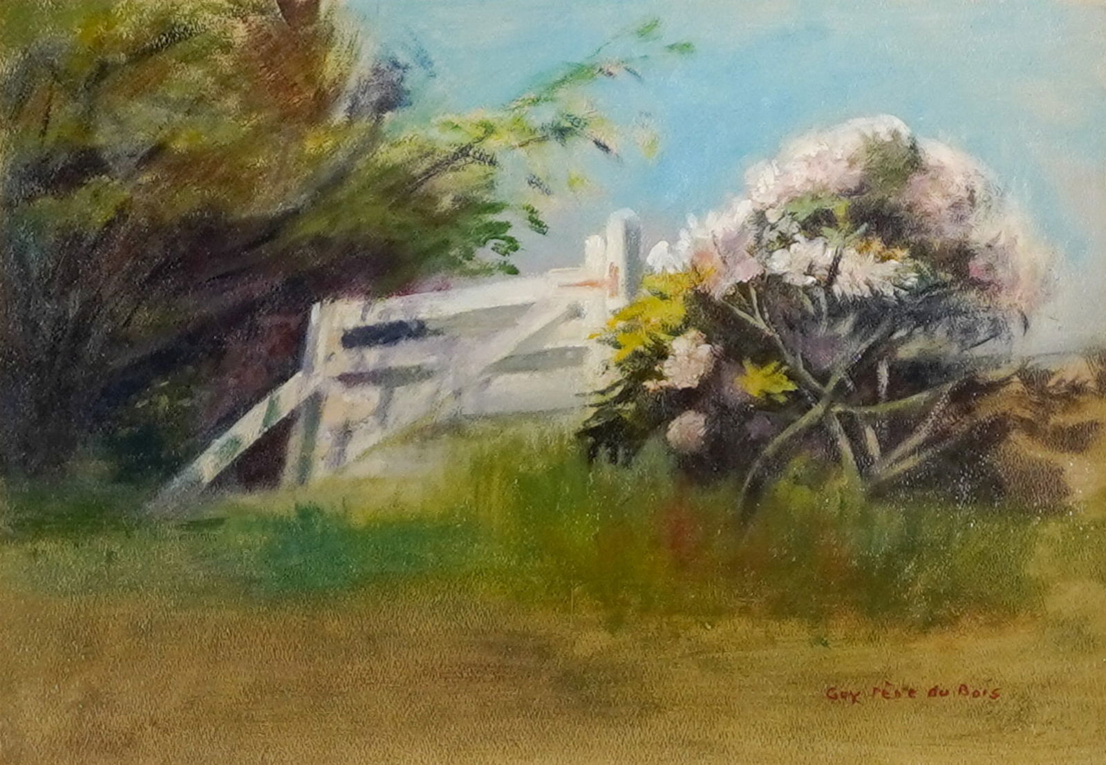 Guy Pène du Bois (American 1884-1958), The Garden Fence, Oil on Masonite, 15 x 21-3/4 in (38.1: Guy Pène du Bois(American, 1884-1958)The Garden FenceOil on MasoniteSigned Guy Pène du Bois l.r.Property from the Helena E. Gunnarsson Estate and TrustProvenance
