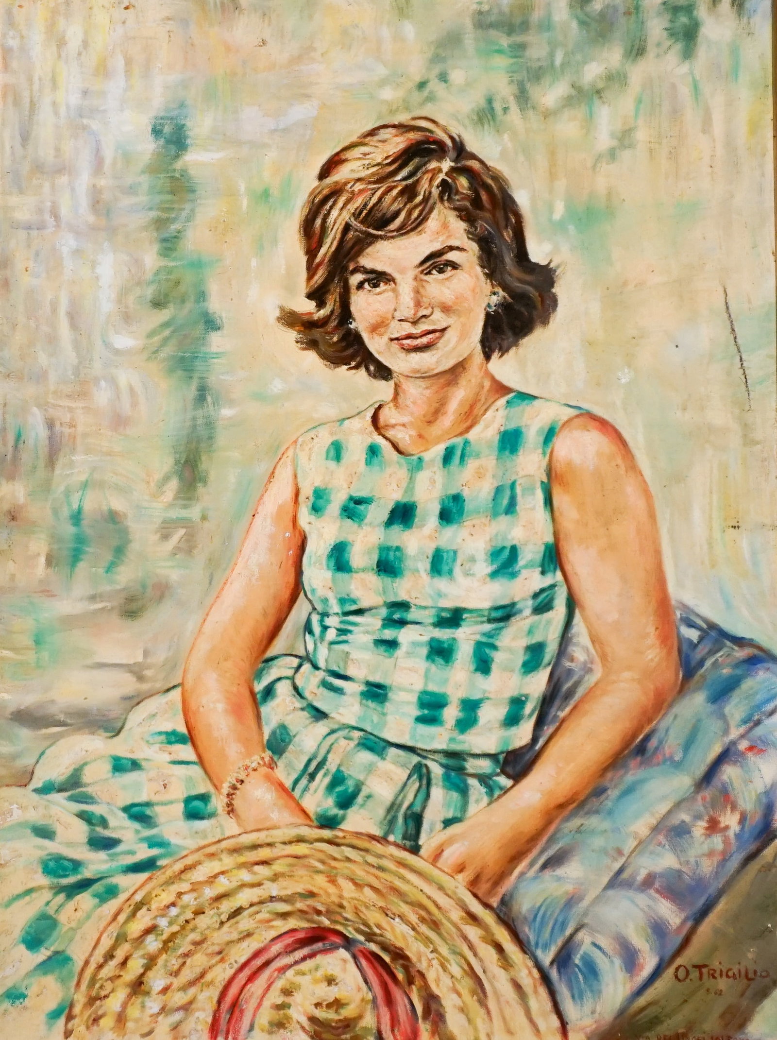 O. Trigilio (Italian, 20th Century), Portrait of Jacqueline Kennedy, Oil on canvas, 31 x 23 in (78.7: O. Trigilio (Italian, 20th Century) Portrait of Jacqueline Kennedy Oil on canvas Signed O. Trigilio and dated 8 62 Provenance: Estate of James Roe Ketchum. Mr. Ketchum served as W