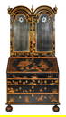 Queen Anne Black and Gold Japanned Etched Mirror-Inset Door Bureau Bookcase, Circa 1700 and Later