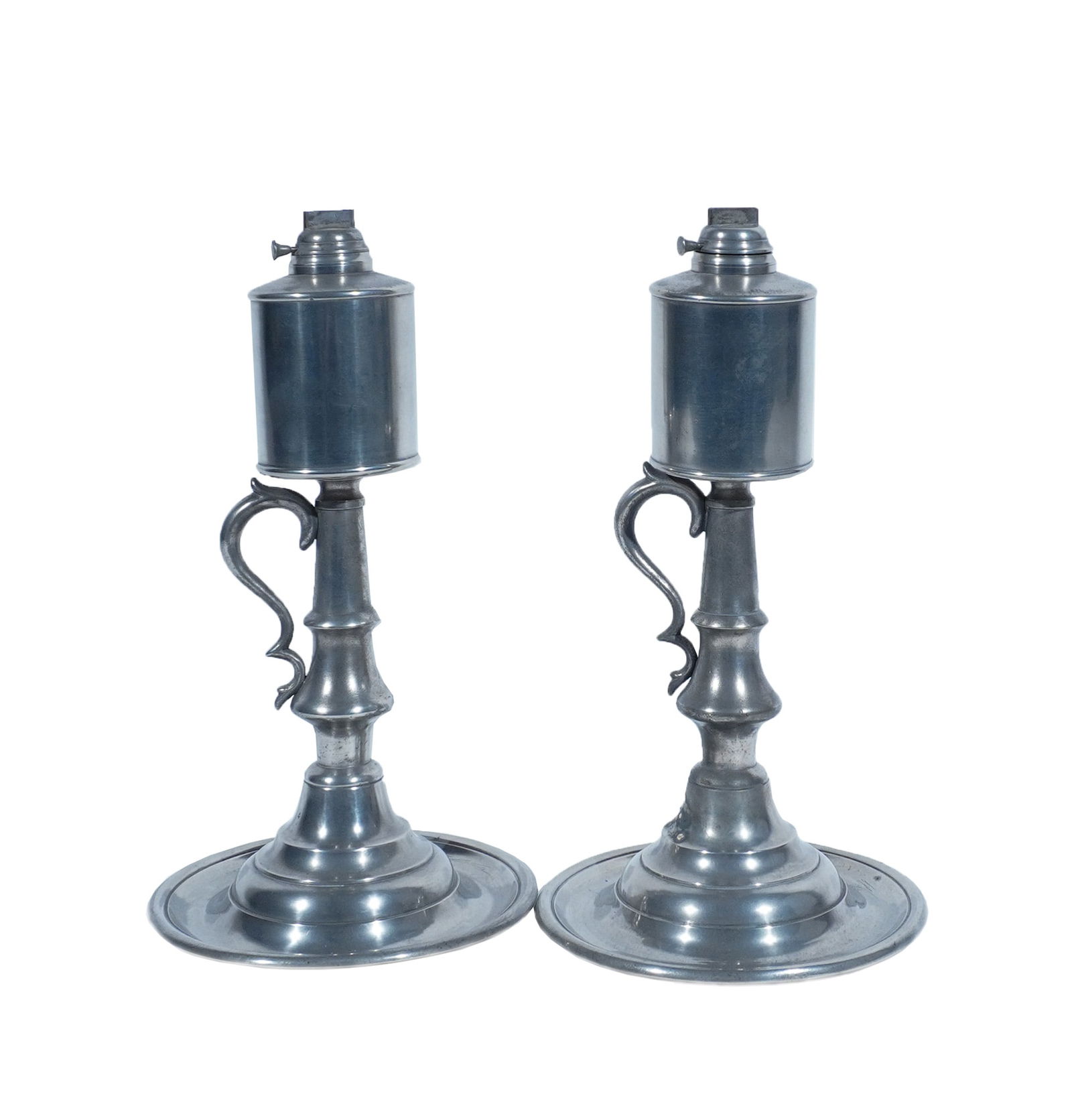 Pair of Massachusetts Pewter Lard Oil Standing Lamps with Handle, Roswell Gleason (1799-1887),: Pair of Massachusetts Pewter Lard Oil Standing Lamps with HandleRoswell Gleason (1799-1887), Dorchester, First Half 19th CenturyProperty from the Helen M. Huling TrustHeight of taller: 12-1/2 in (31.8