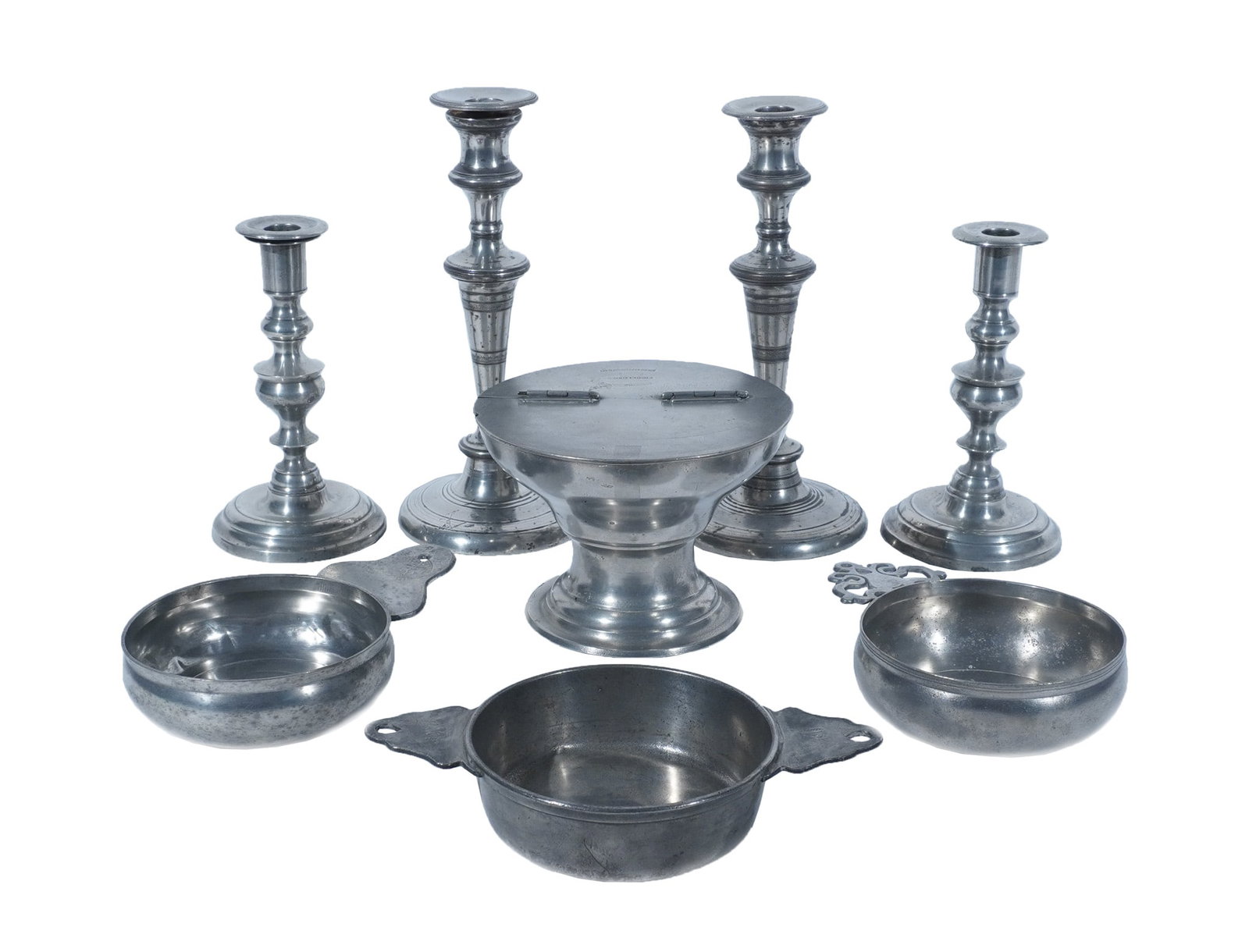 Predominantly American Pewter 11-Piece Assembled Partial Ecclesiastic Service, 18th-19th Century: Predominantly American Pewter 11-Piece Assembled Partial Ecclesiastic Service 18th-19th Century Consisting of: John Castle (Active Late 17th Century) quaich; Samuel Kilbourn (~1770-1839) cup; George R