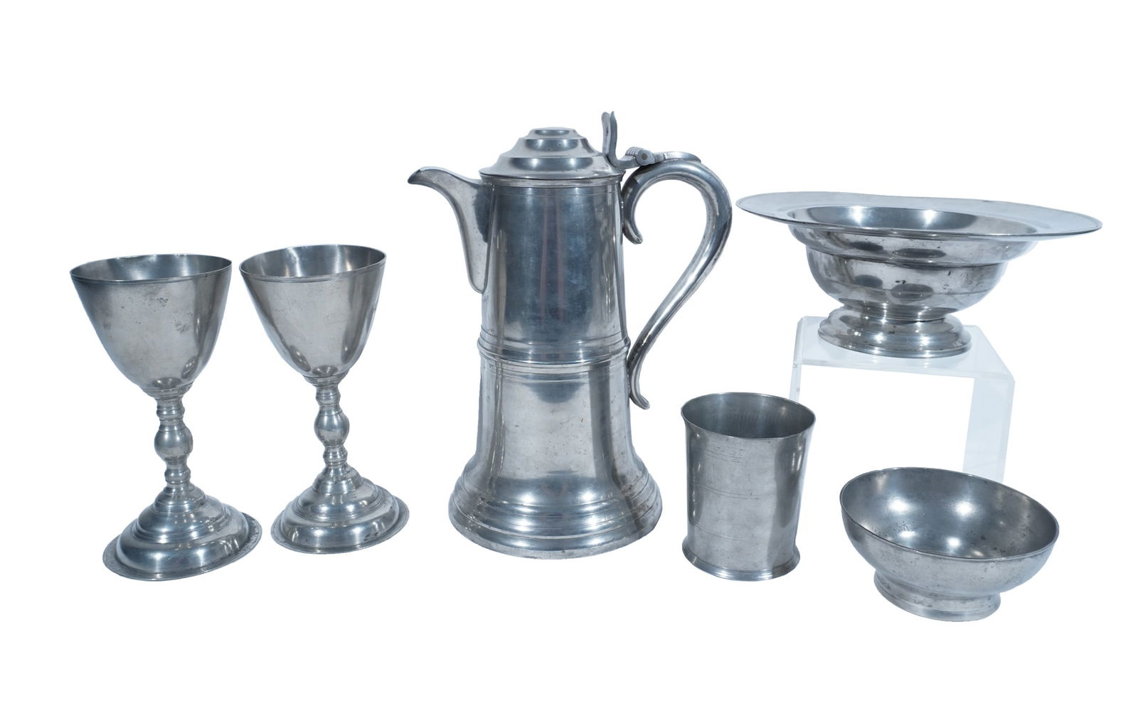 American Pewter Six-Piece Assembled Ecclesiastic Set, 19th Century: American Pewter Six-Piece Assembled Ecclesiastic Set19th CenturyConsisting of: Peter Young (1749-1813) pair of chalices; Thomas Danforth III (1756-1840) cup; Oliver Trask (1792-1847) baptismal basin;