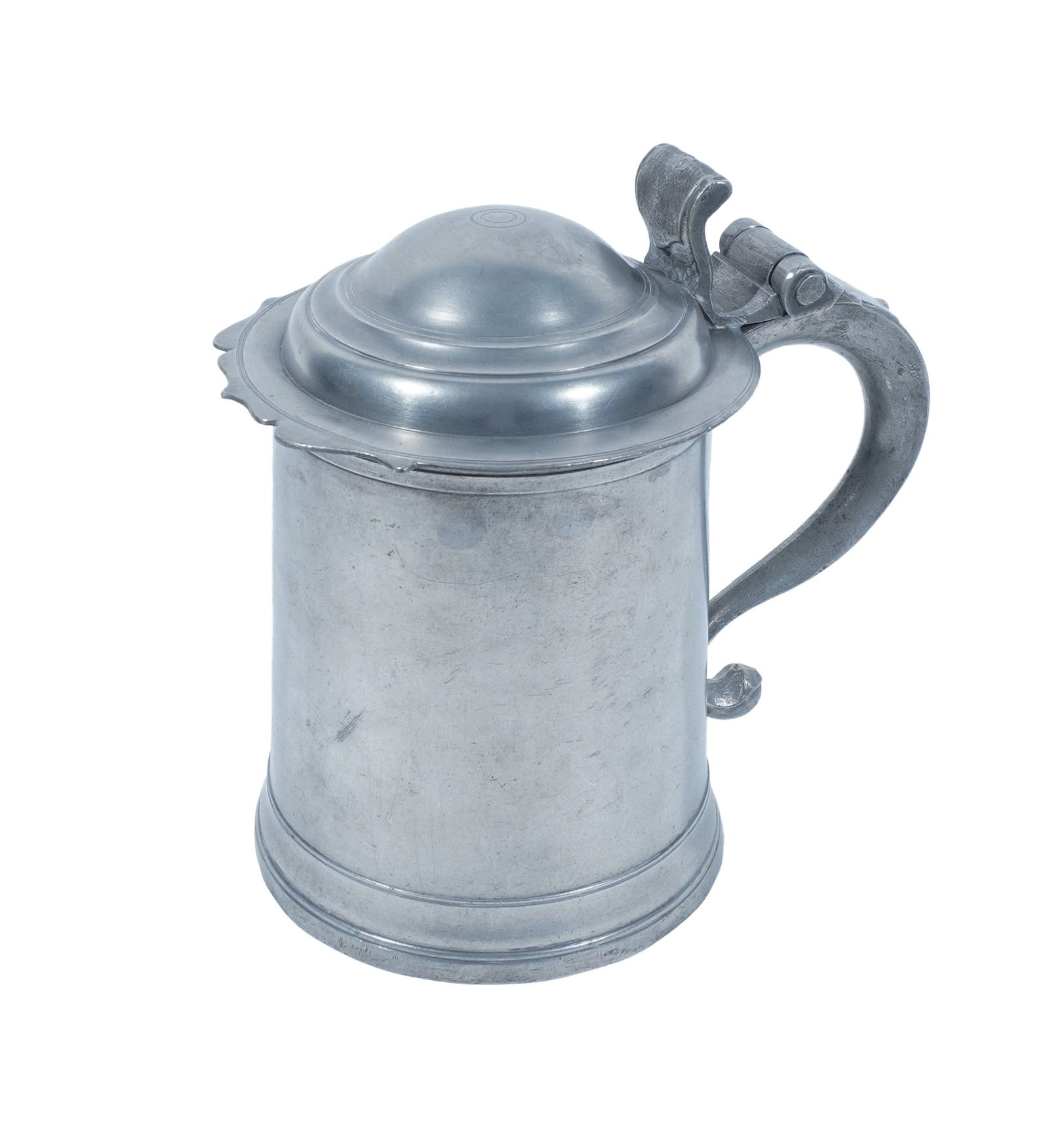 American Pewter Dome-Top Tankard, John Will (Active 1752-1774), New York, Third Quarter 18th Century: American Pewter Dome-Top TankardJohn Will (Active 1752-1774), New York, Third Quarter 18th CenturyStamped maker's mark to bottom.Property from the Helen M. Huling TrustHeight: 7 in (17.8 cm)