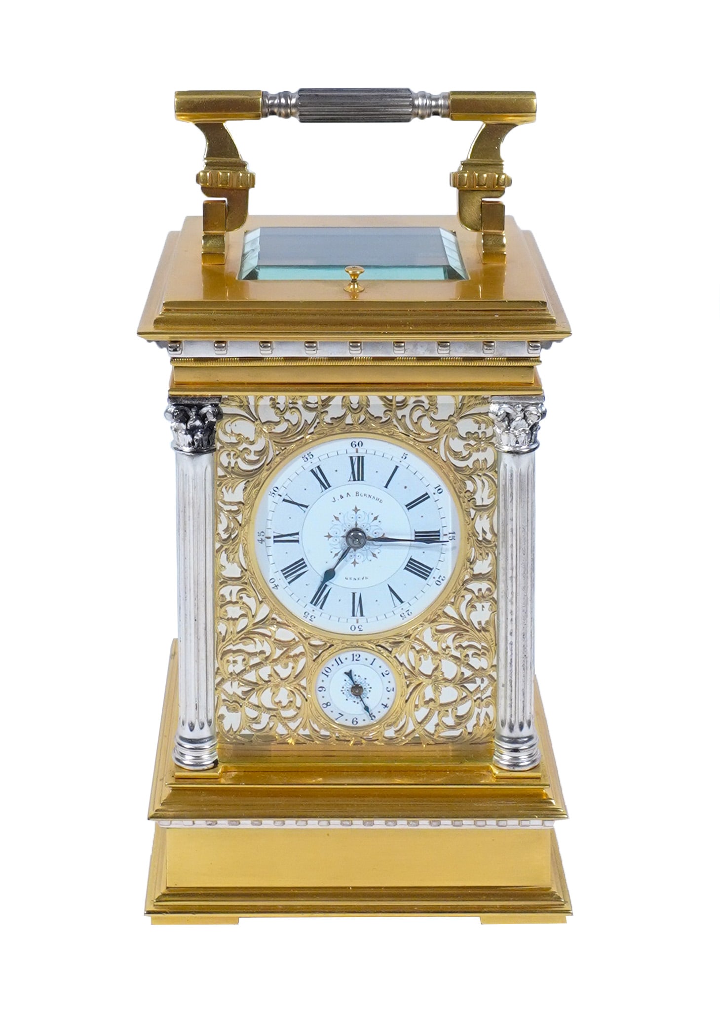 Swiss Partial Silvered and Gilt Brass 'Grande Sonnerie' Repeating and Striking Alarm Carriage Clock,: Swiss Partial Silvered and Gilt Brass 'Grande Sonnerie' Repeating and Striking Alarm Carriage Clock Inscribed J. & A. Bornaud, Geneve, Circa 1900 The eight-day repeating platform lever escapement, qua