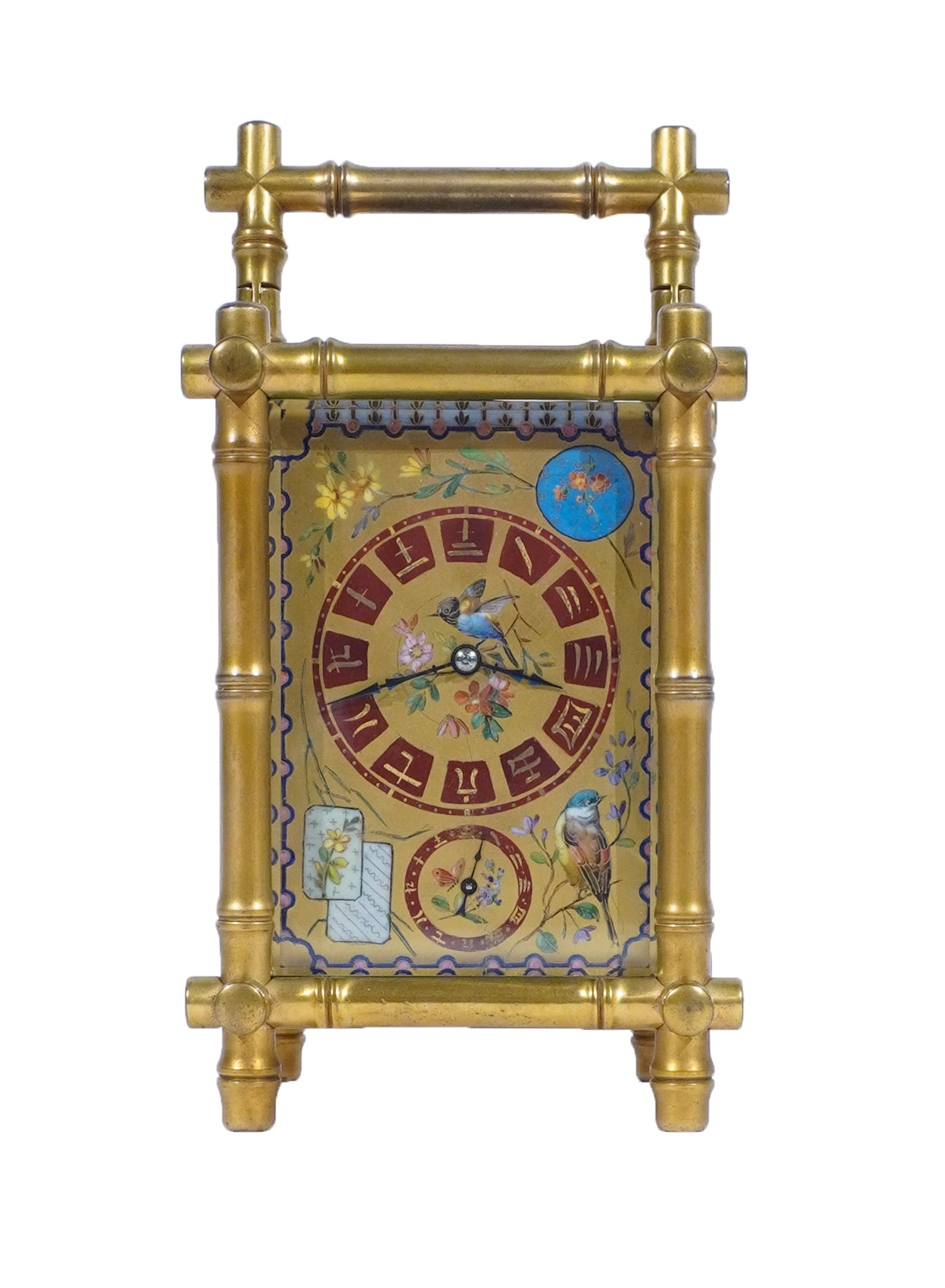 French Gilt Brass and Japanesque Porcelain Mounted Repeating and Alarm Carriage: French Gilt Brass and Japanesque Porcelain Mounted Repeating and Alarm Carriage ClockBackplate inscribed Breguet/No.5462, Late 19th CenturyThe eight-day repeating platform lever escapement, hour and h
