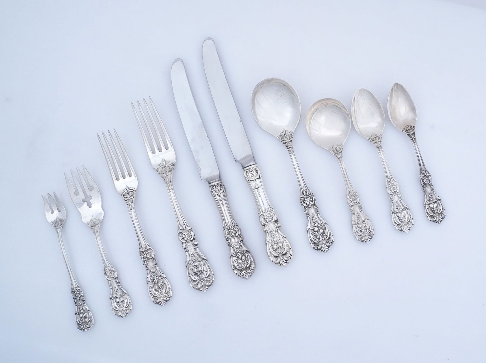 Reed and Barton Sterling Silver Flat Table Service, Taunton, Francis I Pattern, Designed by Ernest: Reed and Barton Sterling Silver Flat Table ServiceTaunton, Francis I Pattern, Designed by Ernest Meyers, Introduced 1907, 20th CenturyConsisting of:24 Dinner knives12 Luncheon knives1 Master butter kn