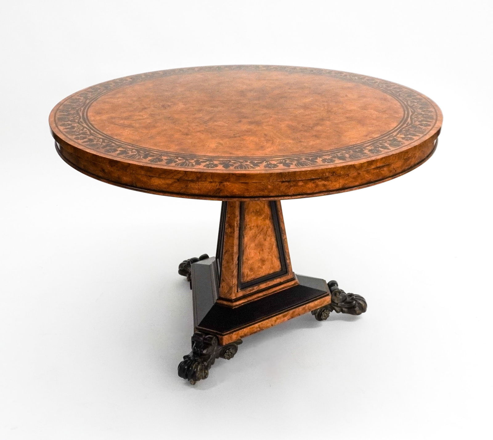 Biedermeier Style Dark Floral Marquetry Crossbanded and Burl Yewwood Center Table, Baker Furniture - (1 of 1)