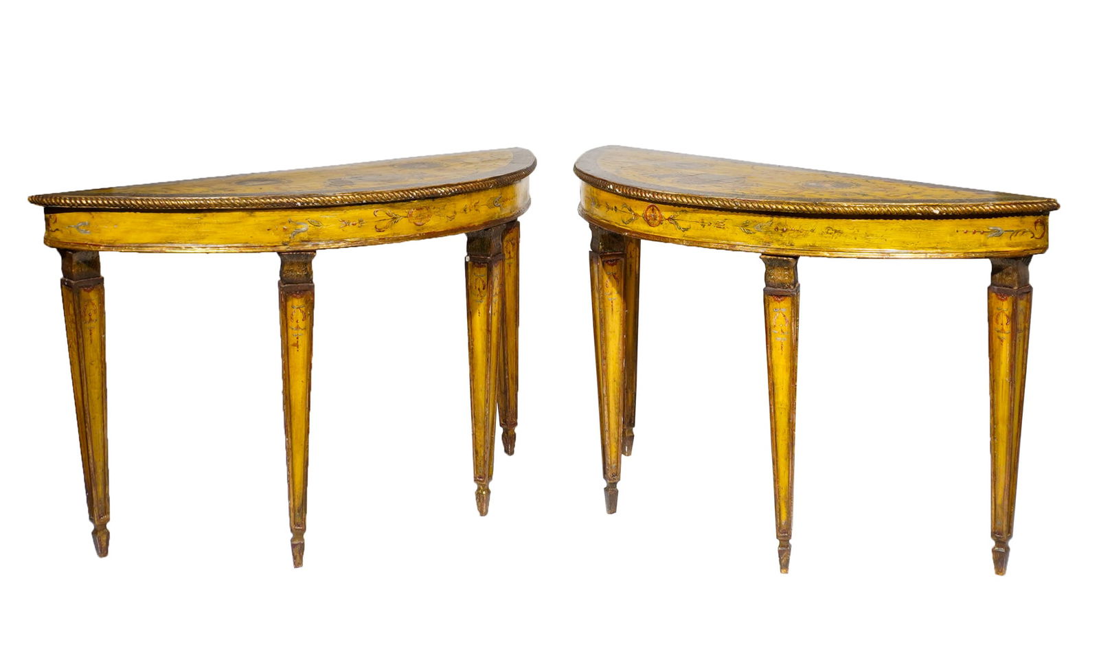 Pair of Venetian Neoclassical Style Painted Giltwood Demilune Console Tables, Late 19th-Early 20th: Pair of Venetian Neoclassical Style Painted Giltwood Demilune Console TablesLate 19th-Early 20th CenturyHeight of taller: 34-7/8 in (88.6 cm); Length: 56-5/8 in (143.8 cm); Depth: 44-1/2 in (113 cm)