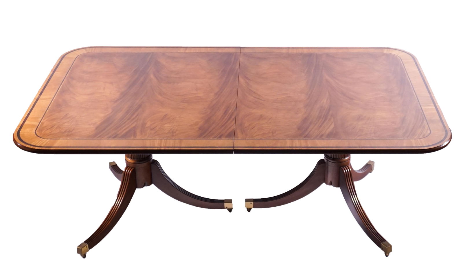 George III Style Figured Mahogany Rosewood Inlaid and Satinwood Crossbanded Dining Table, Baker (1 of 2)