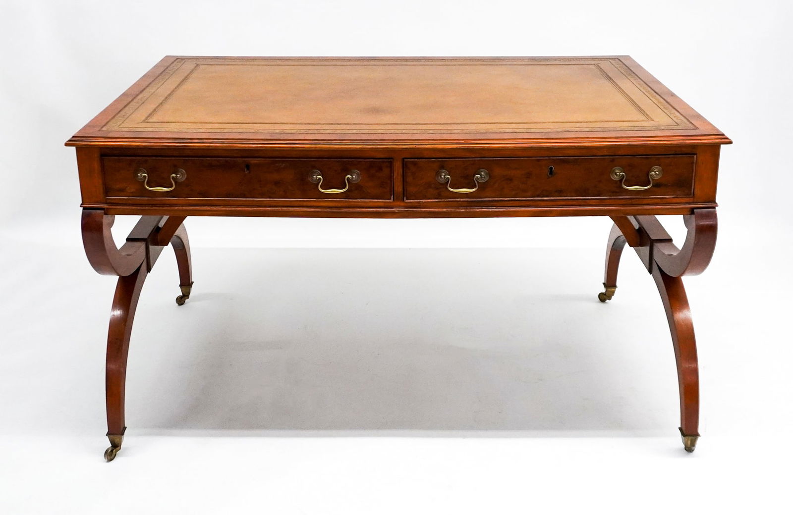 Regency Style Yewwood and Gilt-Tooled Tan Leather-Inset Top Writing Table, Circa 1900 (1 of 1)