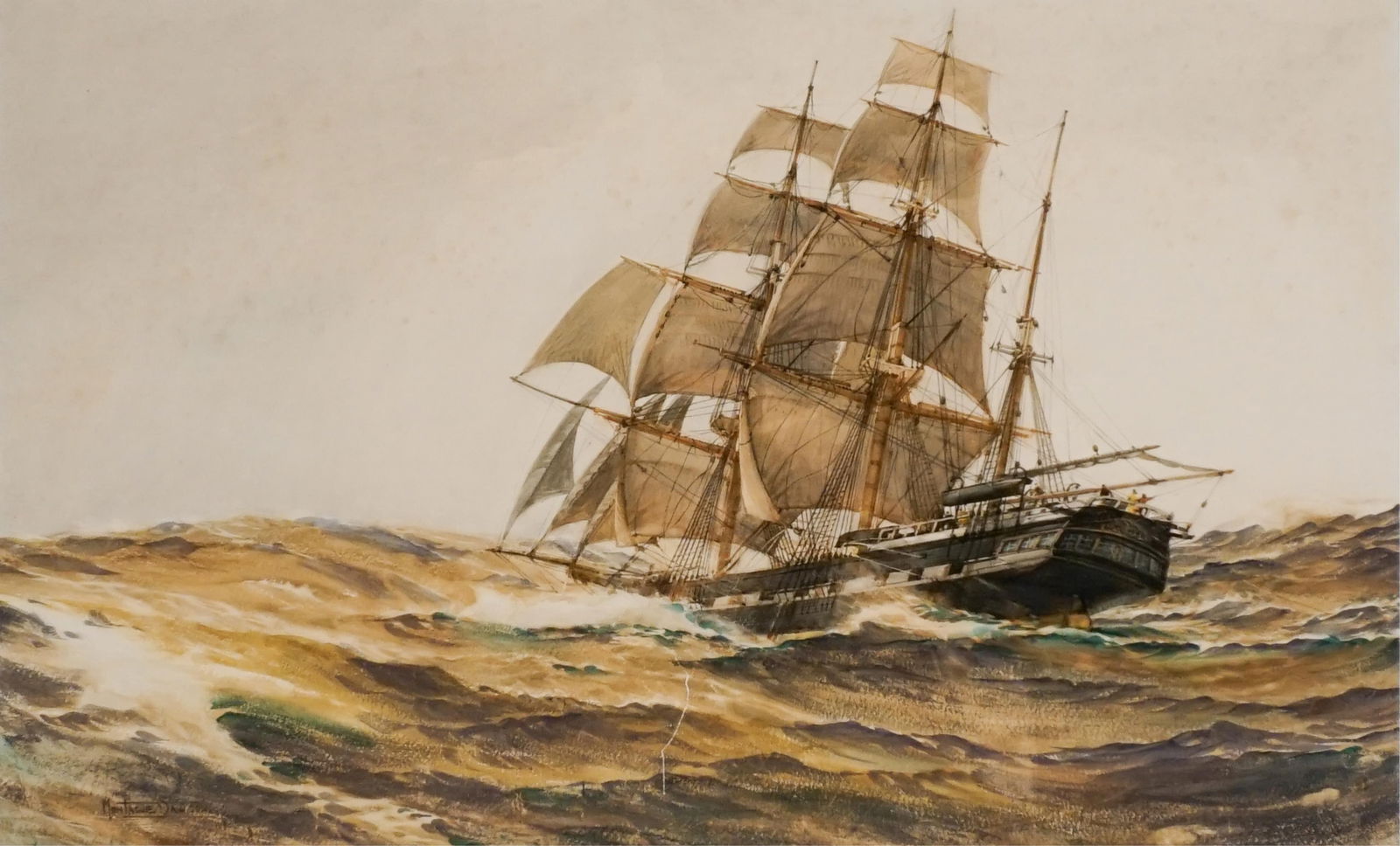 Montague Dawson (British 1890-1973), A Privateer in Rough Seas, Watercolor on paper, Sight size:: Montague Dawson(British, 1890-1973)A Privateer in Rough SeasWatercolor on paper; with some toning and faded spots of foxing. Framed.Signed Montague Dawson l.r.Sight size: 15-3/4 x 25-3/4 in (40 x 65.