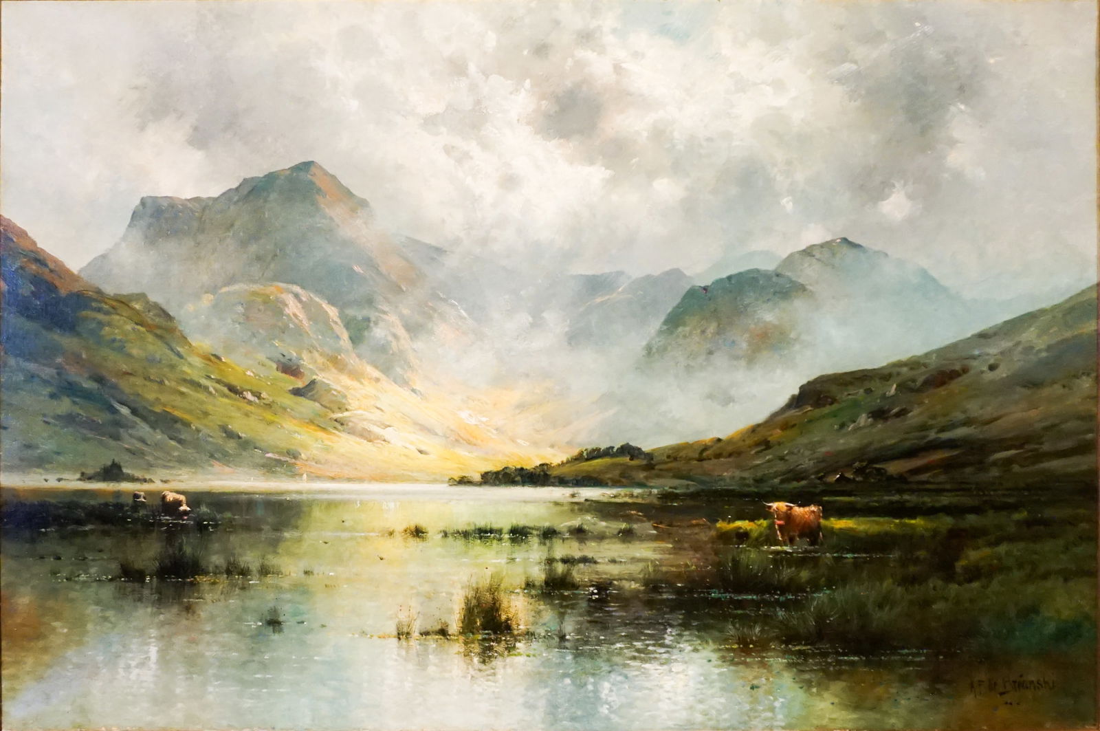 Alfred Fontville De Bréanski (British 1852-1928), Sunshine and Shadows in the Highlands, Oil on: Alfred Fontville De Bréanski(British, 1852-1928)Sunshine and Shadows in the HighlandsOil on canvasSigned A. F. de Br?anski l.r.Provenance:Guarisco Gallery, Ltd., Washington, D