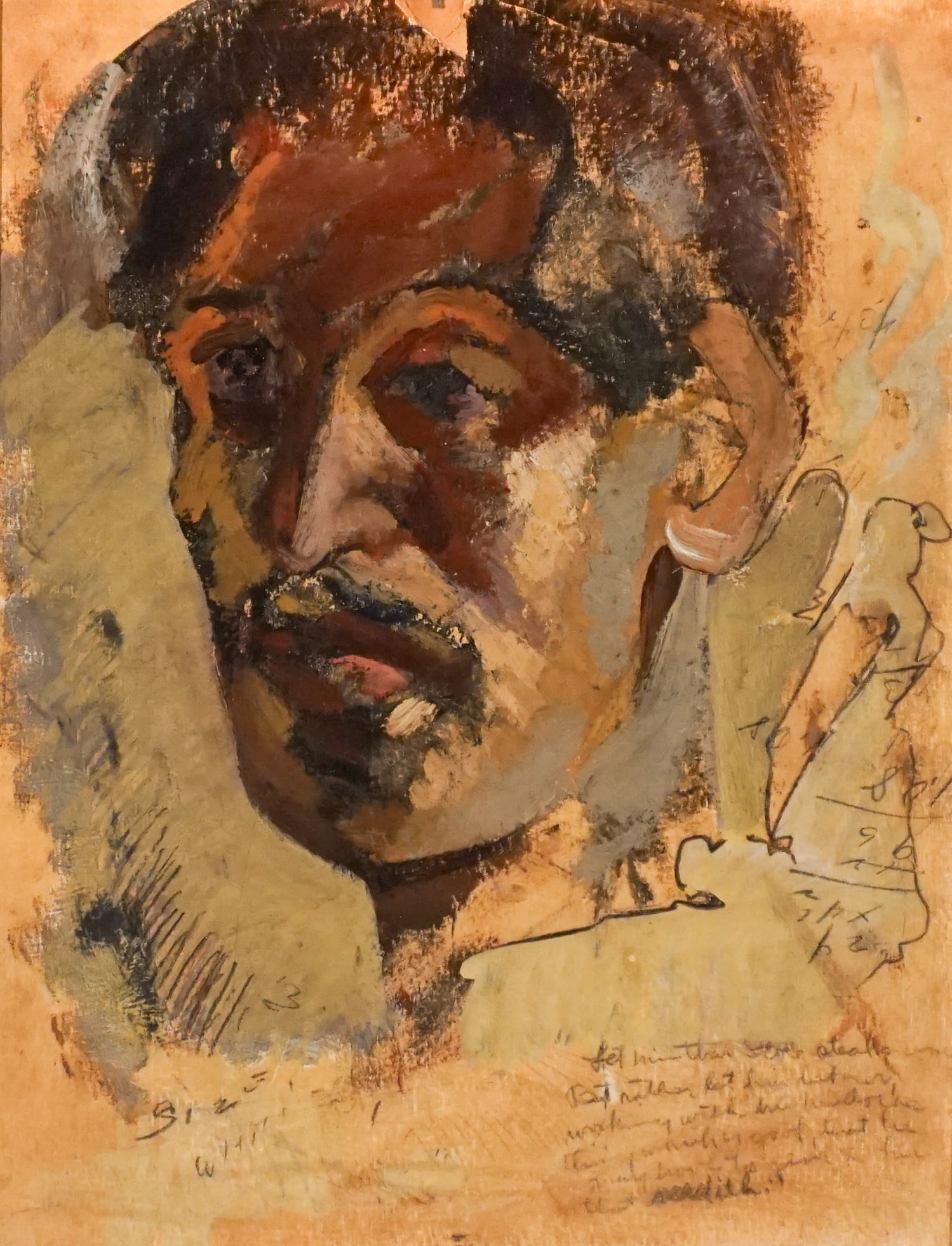August Mosca (Italian/American 1909-2003), Two Portraits, Oil on canvas, The first: 14 x 11 in (35.6: August Mosca(Italian/American, 1909-2003)Two PortraitsThe first, an unfinished portrait of a man with a mustache, oil on board; the second, portrait of a man holding a pole, oil on canvasThe first, ap