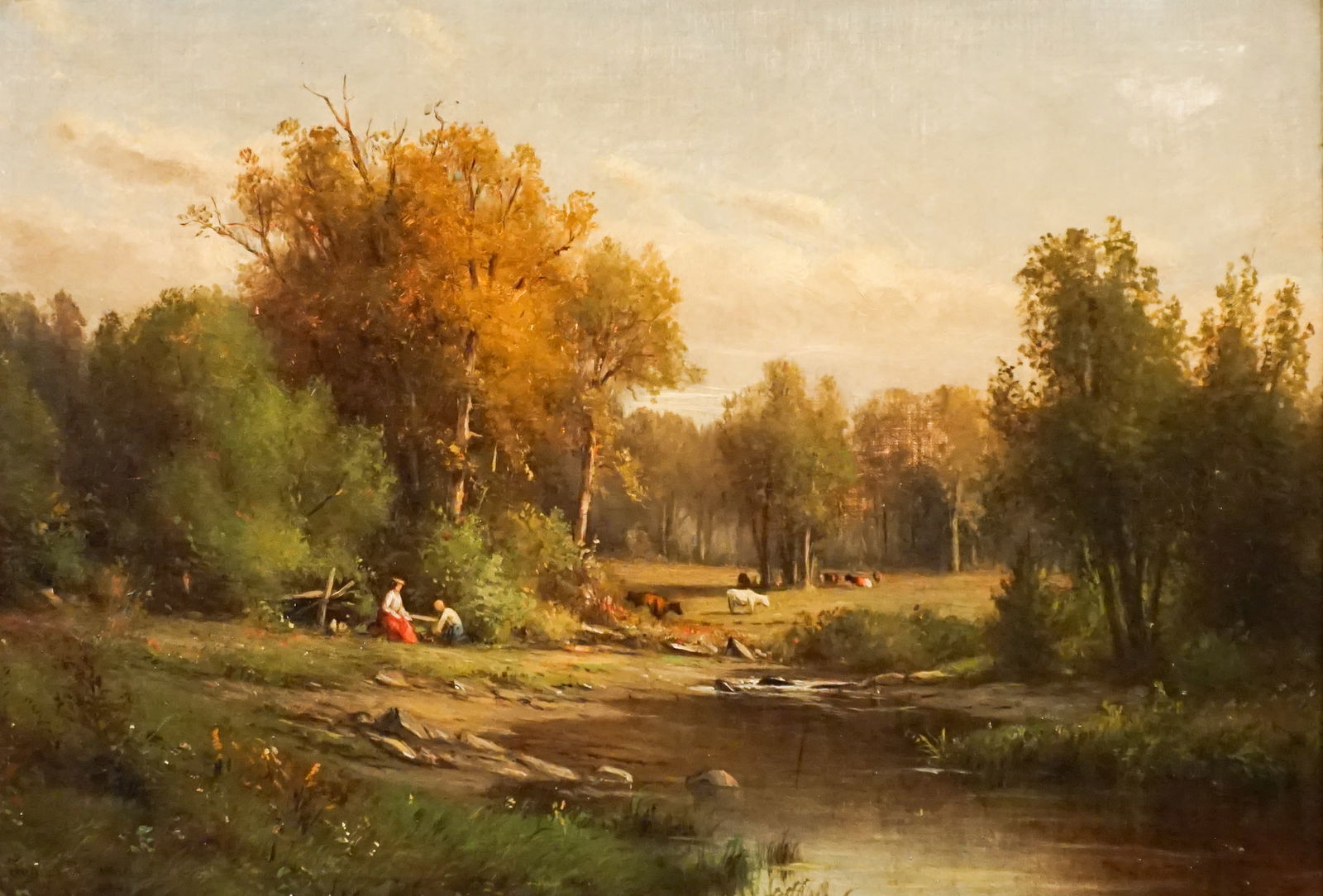 Junius Sloan (American 1827-1900), River Landscape with Figures, Oil on canvas mounted on Masonite, (1 of 2)