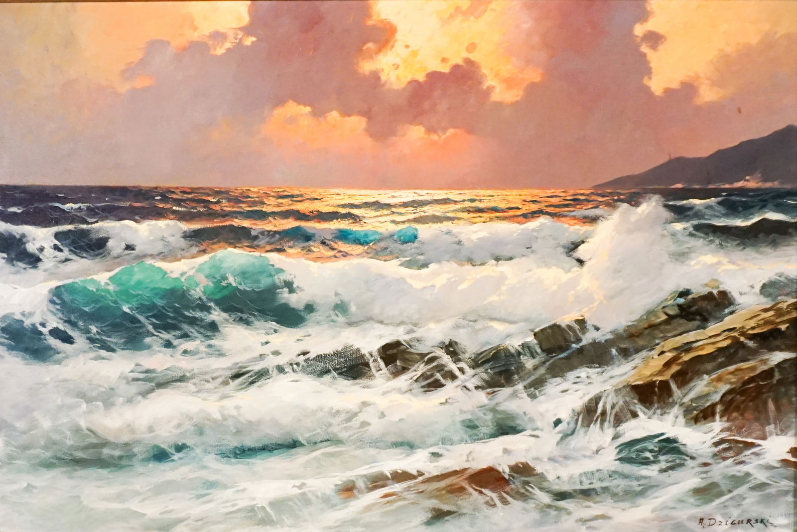 Alexander Dzigurski (Serbian/American 1911-1995), Sunset Along the Shore, Oil on canvas, 24 x 36 in: Alexander Dzigurski(Serbian/American, 1911-1995)Sunset Along the ShoreOil on canvasSigned A. Dzigurski l.r.Provenance:Findlay Galleries, Chicago, ILProperty from the