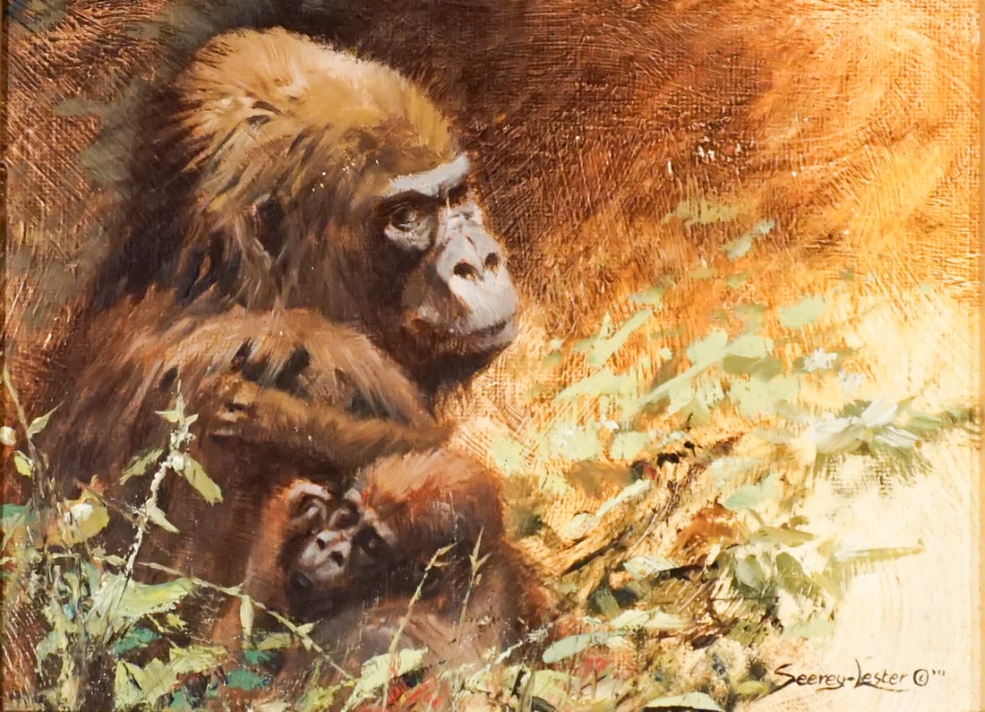 John Seerey-Lester (American 1946-2020), Gorilla and Baby, Acrylic on canvasboard, 6 x 8 in (15.2 x (1 of 2)