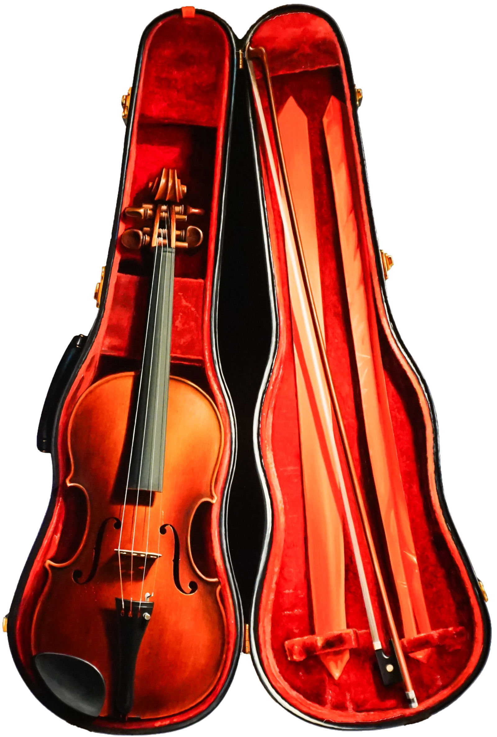 Ernest Albert Land (American 1918-2006), Trompe L'Oeil of a Violin in Case, Oil on panel, Overall:: Ernest Albert Land(American, 1918-2006)Trompe L'Oeil of a Violin in CaseOil on panelSigned Ernest Albert Land FRSA and dated 1972 along the right edge; also with artist's label affixed to verso