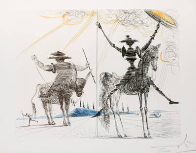 Salvador Dalí (Spanish 1904-1989), Don Quixote, Etching in color, Sight size: 533 x 686 mm (21: Salvador Dalí(Spanish, 1904-1989)Don QuixoteEtching in color; apparently in good condition. Framed.*Signed Dali in graphite l.r. and numbered 80/100 in graphite l.l.Sight size: 533 x 686