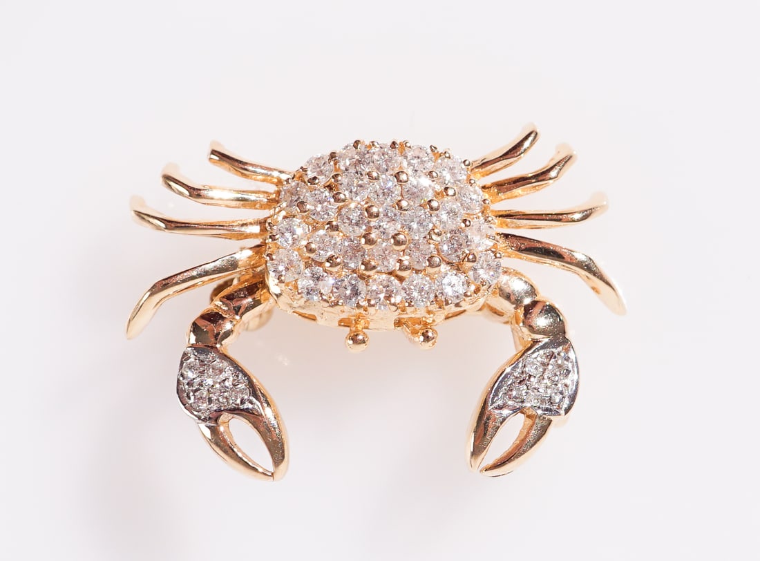 14-Karat Yellow-Gold and Diamond ‘Crab’ Pin, Gross weight: 2.4 dwt., Width: 1 in (2.5: 14-Karat Yellow-Gold and Diamond ‘Crab’ Pin Set with thirty-seven round brilliant-cut diamonds weighing approximately .35 carats. Property of a Maryland Jewelry Enthusiast Gross weight: 2.