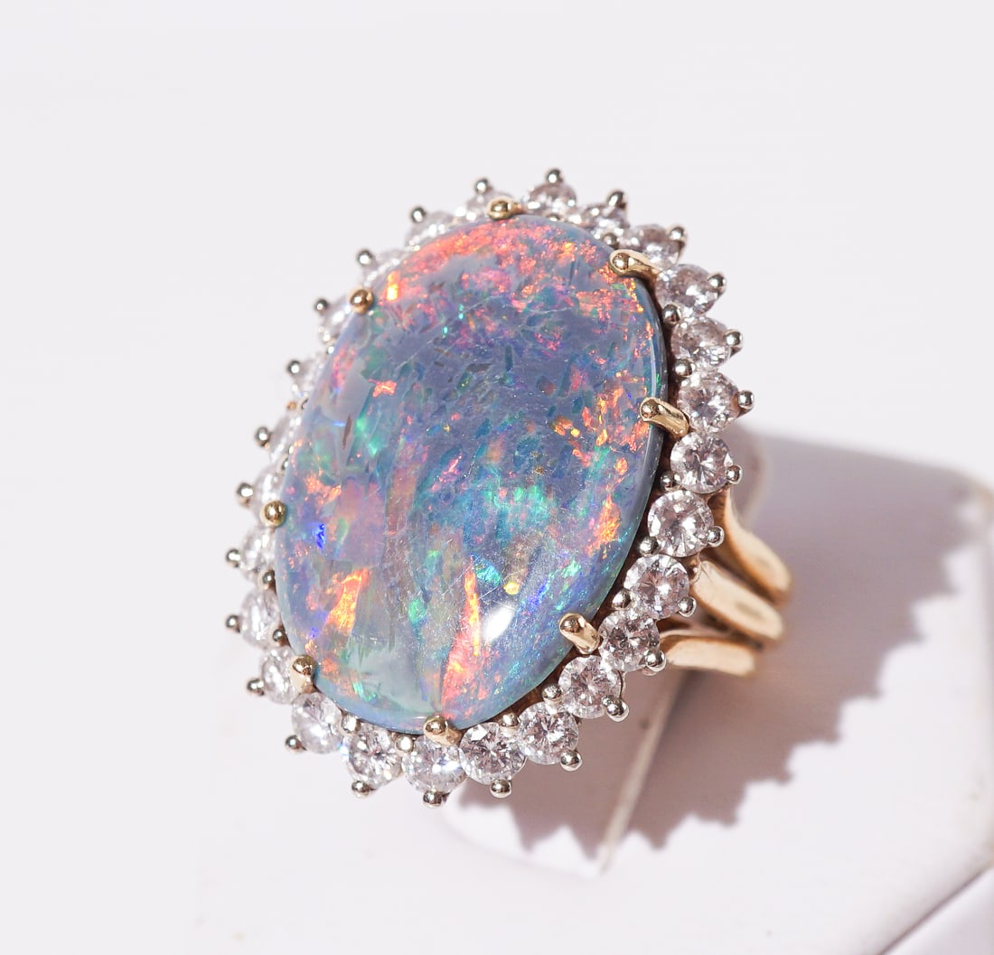 18-Karat Yellow-Gold, Black Opal and Diamond Ring, Gross weight: 8.3 dwt., Shank size: 7 (1 of 2)