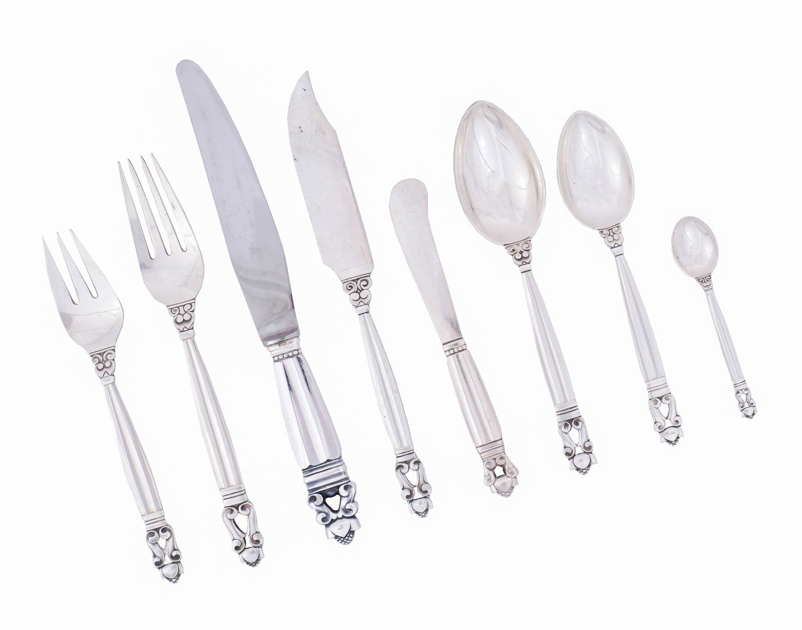 Georg Jensen Danish Sterling Flat Table Service, Designed by Johan Rohde, Acorn Pattern, Introduced: Georg Jensen Sterling Flat Table ServiceDesigned by Johan Rohde, Acorn Pattern, Introduced 1915, ModernConsisting of:12 Dinner knives6 Fish knives7 Flat butter spreaders12 Dinner forks11 Salad forks