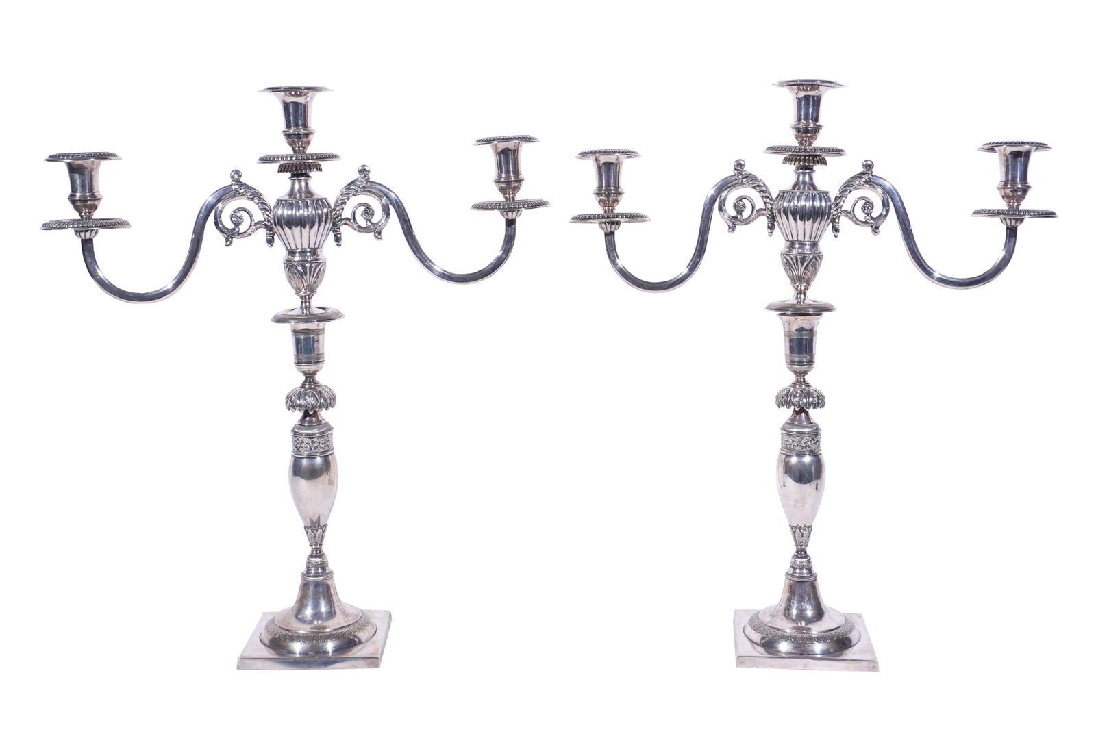 Pair of Biedermeier Silver Assembled Candelabra, First Half 19th Century: Candlesticks attributed to: Pair of Biedermeier Silver Assembled CandelabraFirst Half 19th Century: Candlesticks attributed to Johann George Wilhelm Heinicke, Berlin; Branches by Johann David Klose, BreslauMaker, town, and date