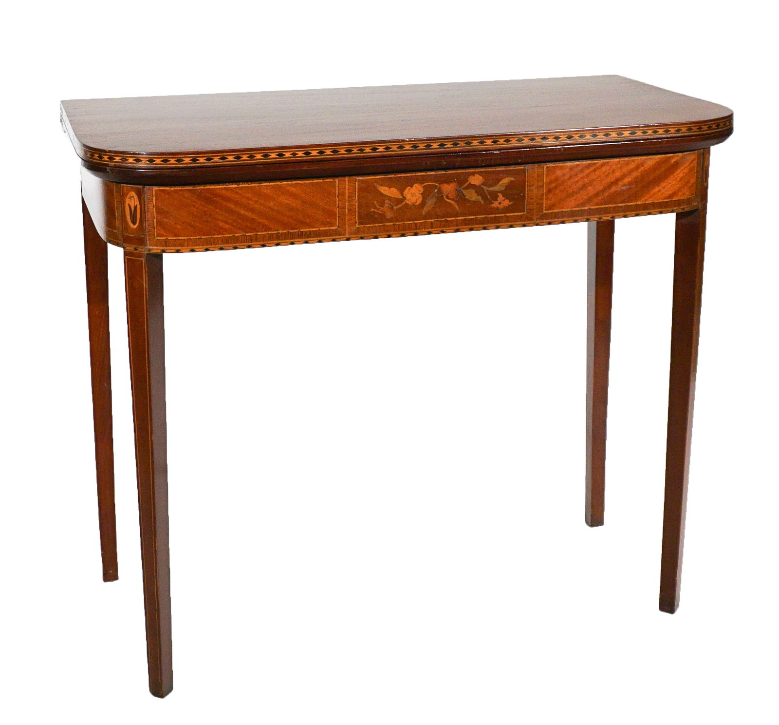 George III Style Satinwood and Ebonized Wood Inlaid Mahogany Fold-Top Tea Table, 19th Century,: George III Style Satinwood and Ebonized Wood Inlaid Mahogany Fold-Top Tea Table19th CenturyProperty from a McLean, Virginia CollectionHeight: 30-1/4 in (76.8 cm); Width: 36 in (91.4 cm); Depth when cl