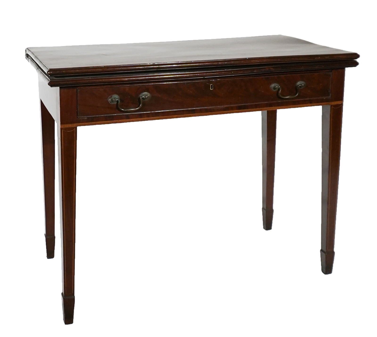 George III Style Satinwood Inlaid Mahogany Fold Top Tea Table, First Half 19th Century, Height: 29: George III Style Satinwood Inlaid Mahogany Fold Top Tea TableFirst Half 19th CenturyProperty from a McLean, Virginia CollectionHeight: 29 in (73.7 cm); Width: 36-1/2 in (92.7 cm); Depth when closed: 1