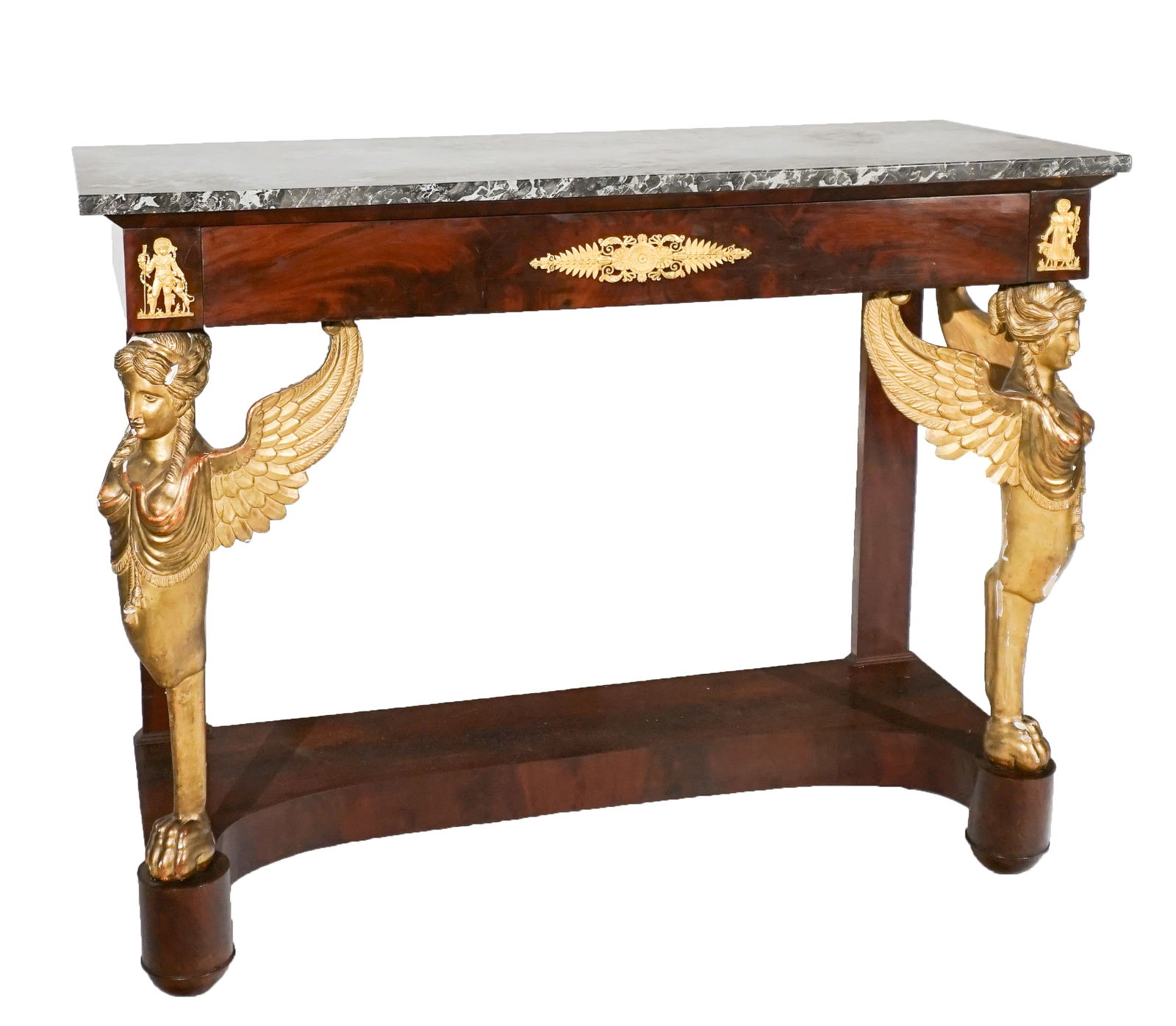 French Empire Ormolu Mounted Partial Gilt Mahogany and Mottled Gray Marble Top Console Table, First: French Empire Ormolu Mounted Partial Gilt Mahogany and Mottled Gray Marble Top Console TableFirst Quarter 19th CenturyProvenance:Sotheby's, Amsterdam, European Collections, September 28, 2006, lot 399