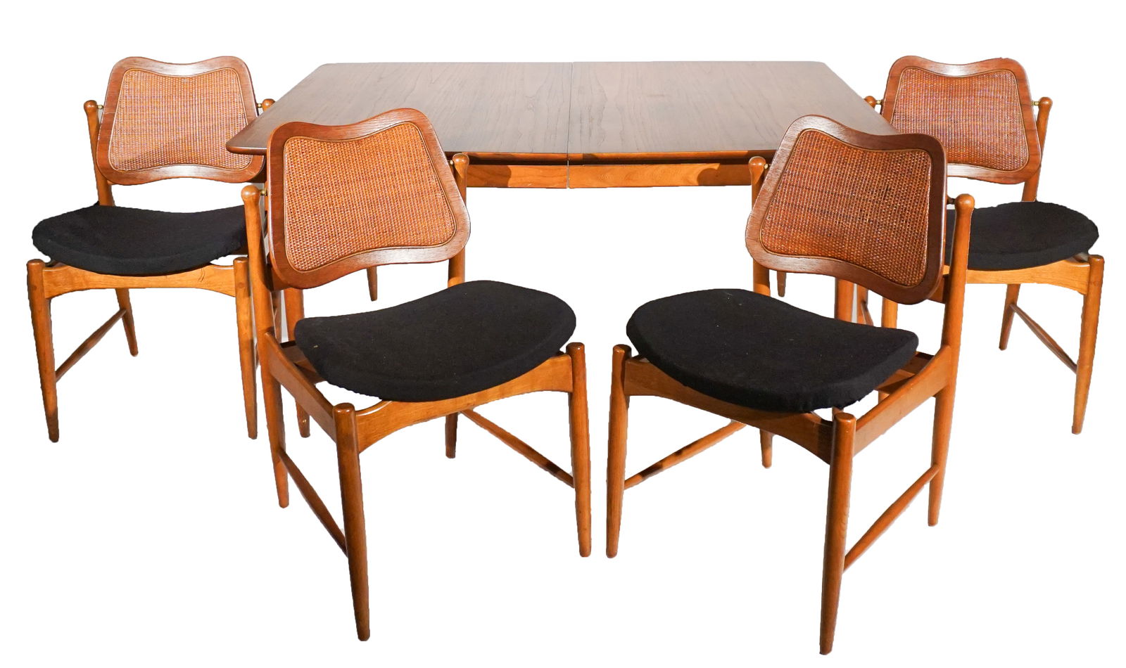 Set of Six Mid-Century Walnut, Caned Back and Upholstered Seat Dining Chairs and Dining Table, The: Set of Six Mid-Century Walnut, Caned Back and Upholstered Seat Dining Chairs and Dining TableThe chairs, Attributed to Arne VodderHeight of seat: 18-3/4 in. (47.6 cm.),Height of table: 29-3/8 in (74.6