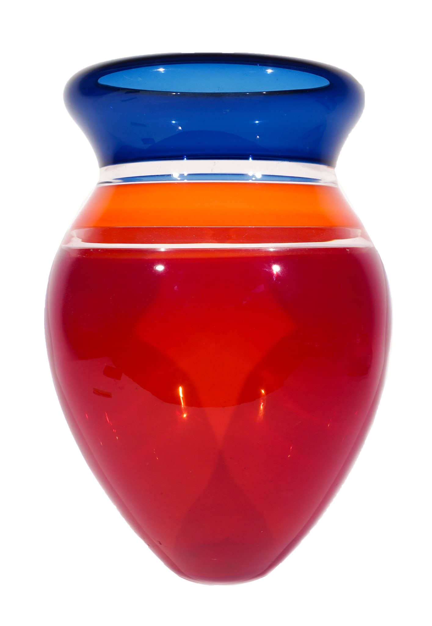 Sonja Blomdahl (American b. 1952) Blue, Orange and Red Blown Glass Vase (B1394), Height: 16-1/2 in (1 of 3)
