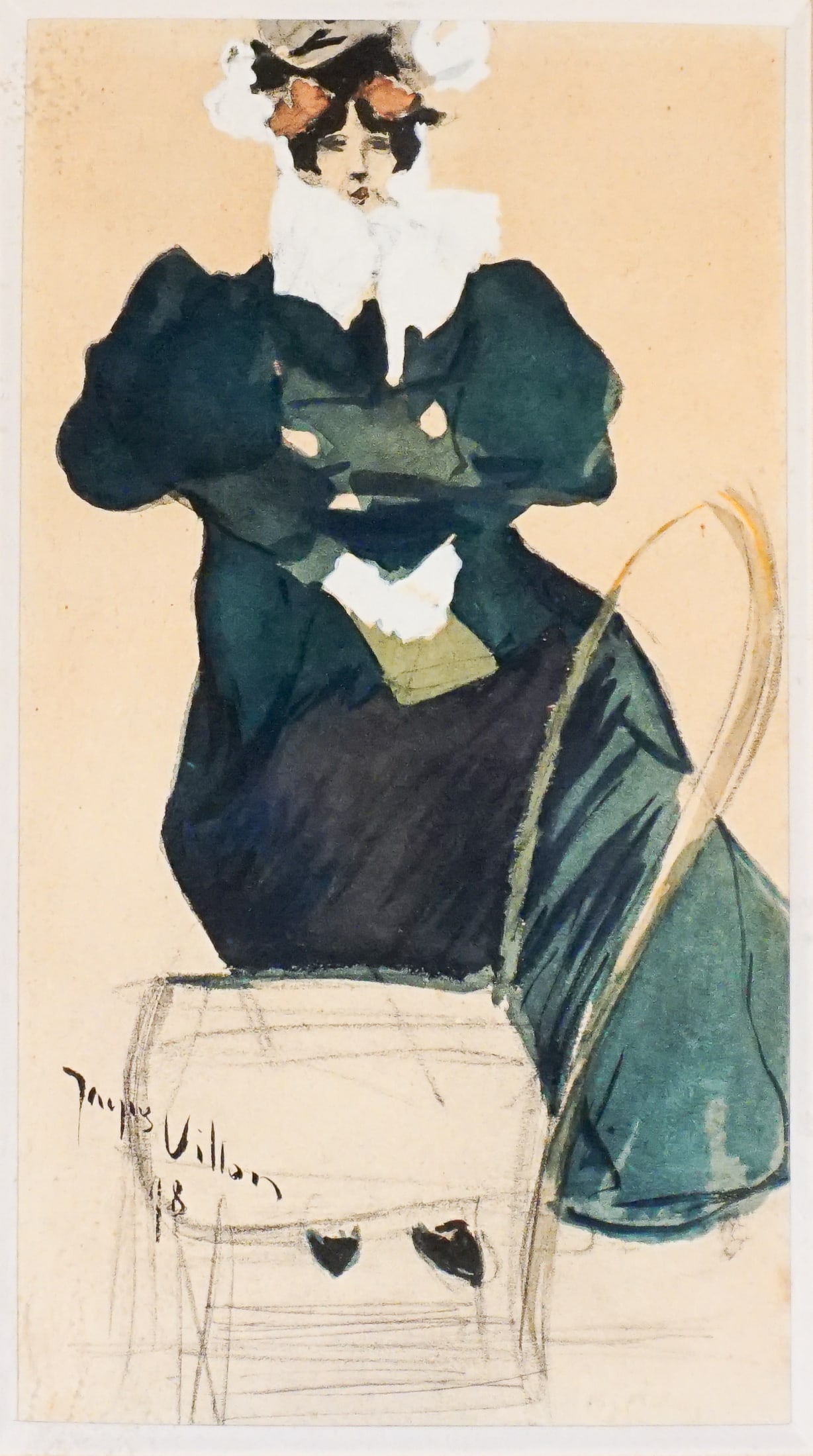 Jacques Villon (French 1875-1963), Femme Assise à Côté d'Une Chaise, Gouache with: Jacques Villon(French, 1875-1963)Femme Assise à Côté d'Une ChaiseGouache with white heightening and graphite on paper; with mild toning. Framed.*Signed Jacques Villon and dated 98 l.l