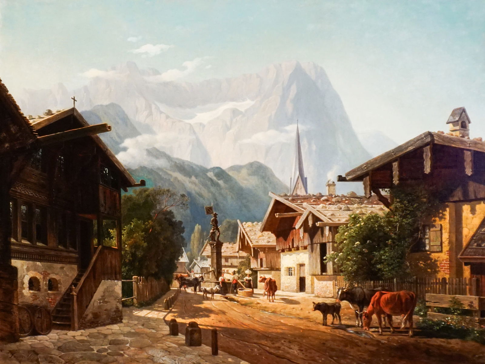Franz Stegmann (German 1831-1892), View of Floriansplatz in Partenkirchen, Oil on canvas, 25 x 38 in (1 of 2)