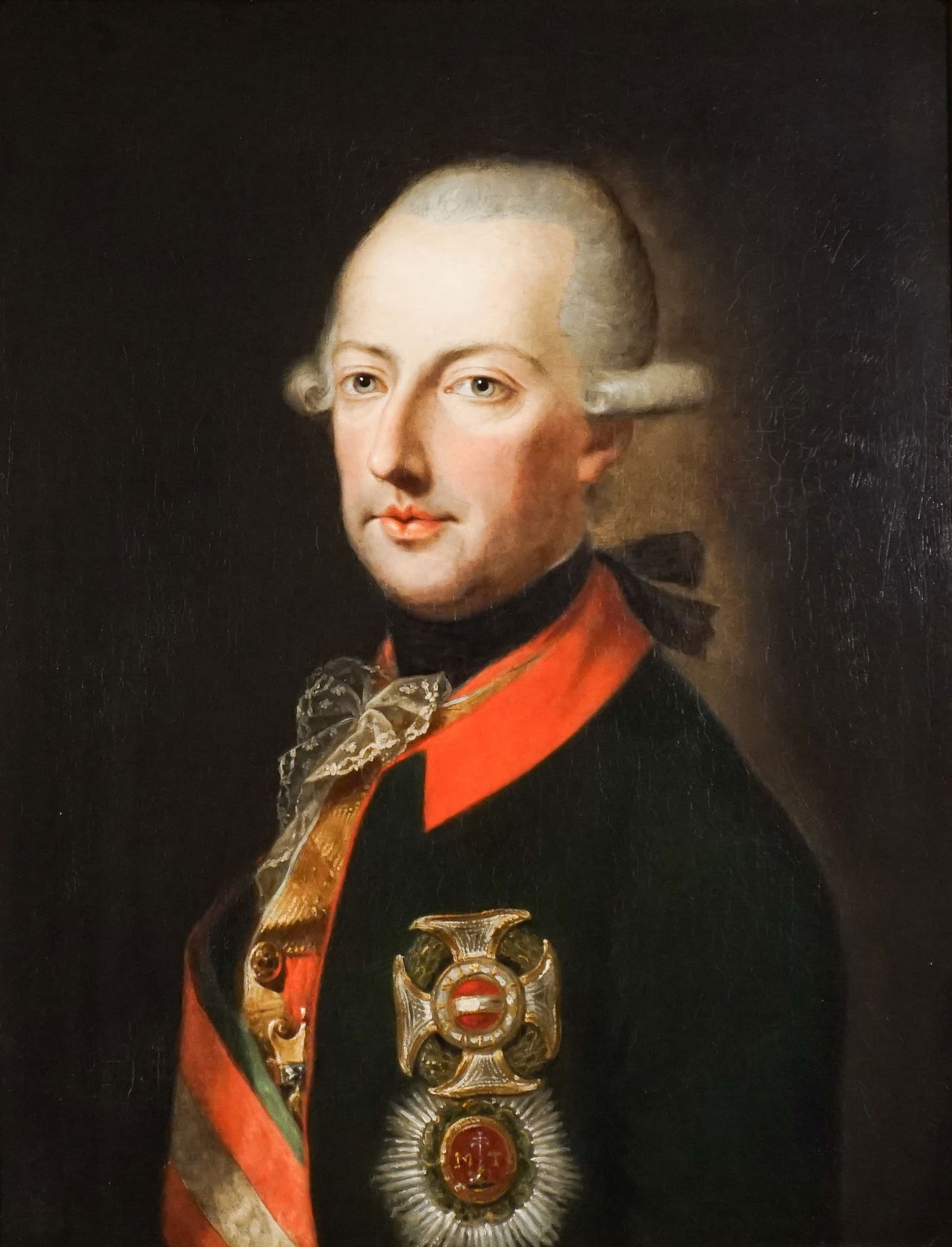 After Joseph Hickel (Austrian 1736-1807), Portrait of Joseph II, Holy Roman Emperor, Oil on canvas,: After Joseph Hickel(Austrian, 1736-1807)Portrait of Joseph II, Holy Roman EmperorOil on canvasUnsigned36 x 24 in (91.4 x 61 cm); Frame: 31 x 25 in (78.7 x 63.5 cm)