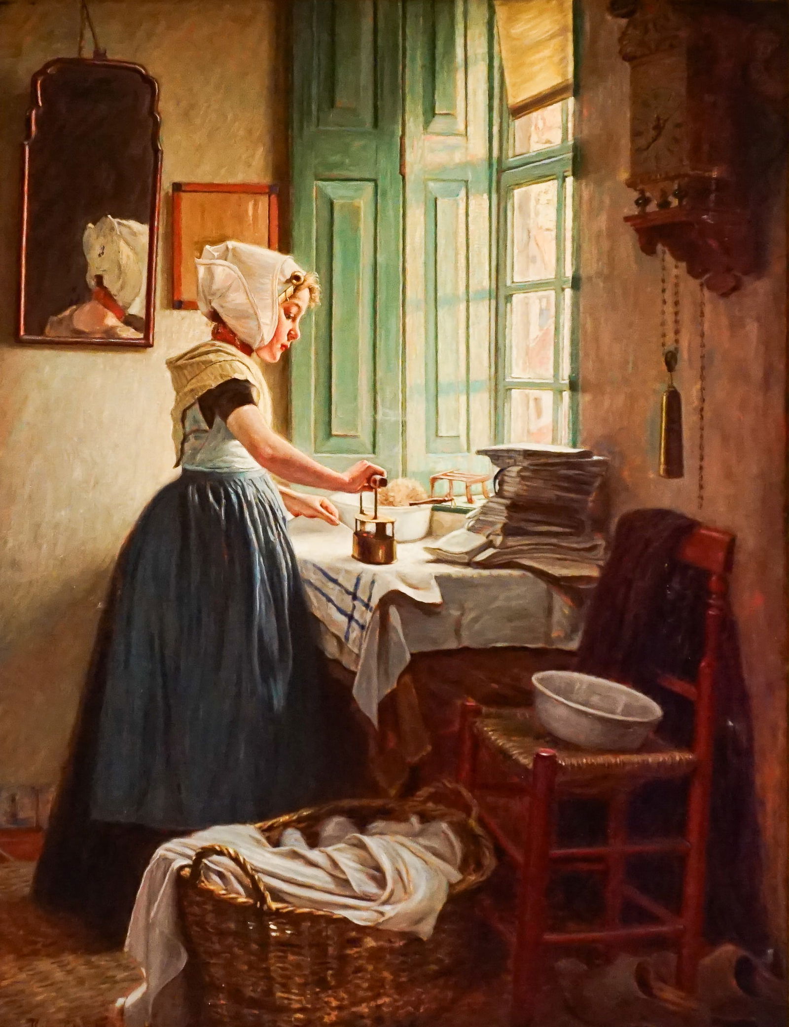 Hermann Knopf (Austrian 1870-1928), Dutch Girl Ironing, Oil on canvas, 36 x 28 in (91.4 x 71.1 cm); (1 of 2)