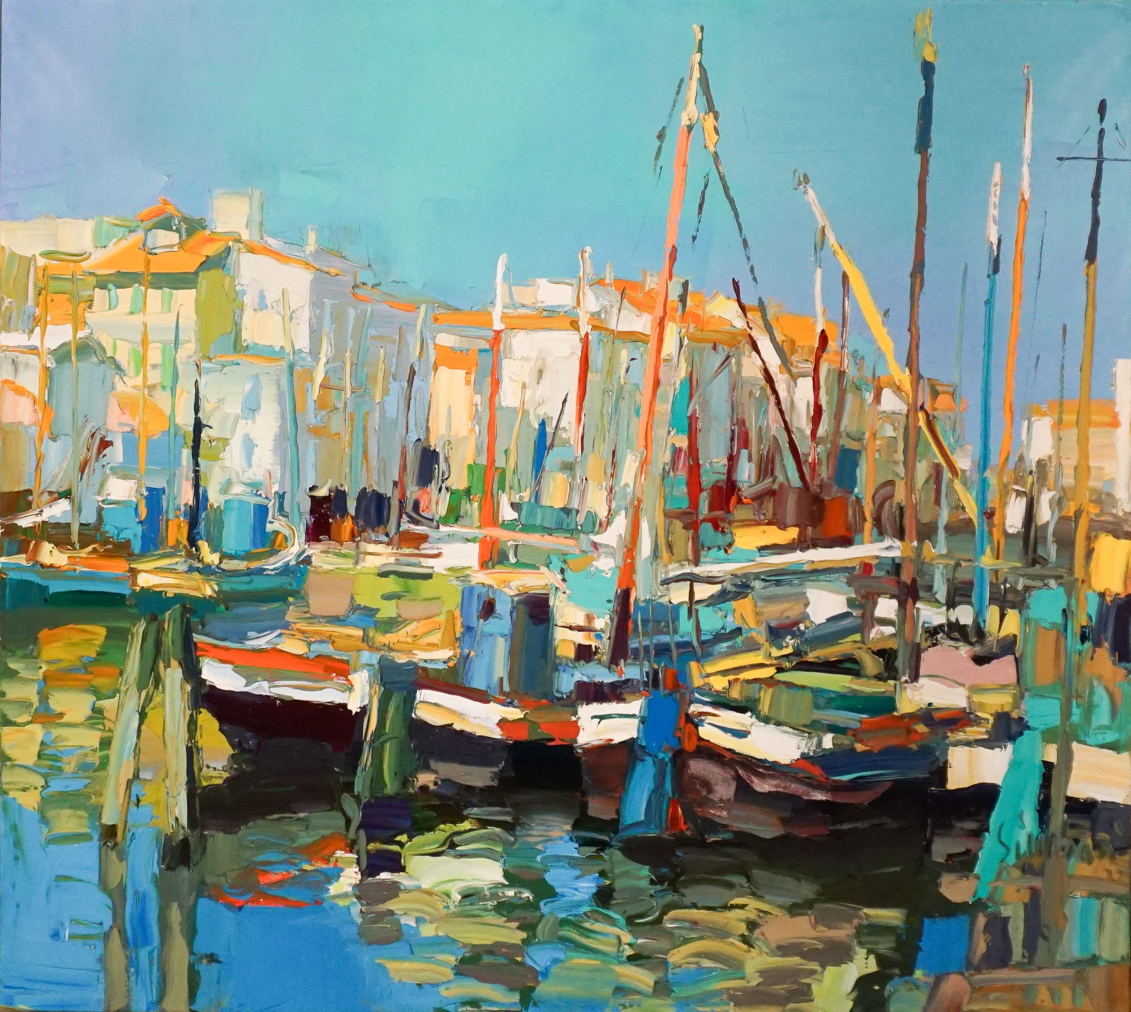 Nicola Simbari (Italian 1927-2012), Mediterranean Dock View, Oil on canvas, 35-1/2 x 39-1/2 in (90.2 (1 of 2)