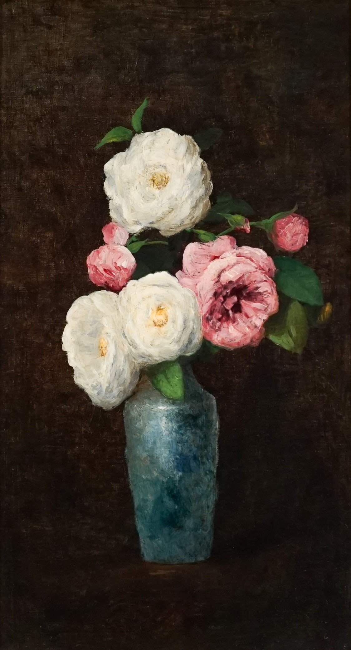 School of George Cochran Lambdin (American 1830-1896), Still Life of White and Pink Roses in a Blue: School of George Cochran Lambdin(American, 1830-1896)Still Life of White and Pink Roses in a Blue VaseOil on canvasUnsignedProperty from the Lorraine N. Tyler Trust18 x 10 in (45.7 x 25.4