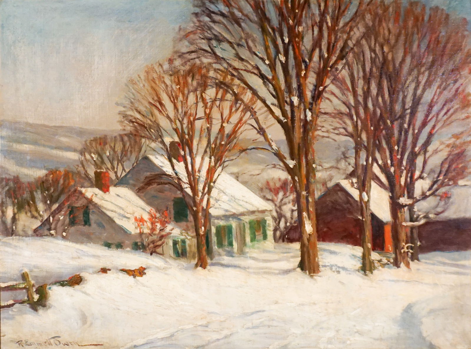 Robert Emmett Owen (American 1878-1957), Snowy Village Street Scene, Oil on canvas, 29-1/2 x 39-1/2: Robert Emmett Owen(American, 1878-1957)Snowy Village Street SceneOil on canvasSigned R. Emmett Owen l.l.Note:For a similar example, see Snowy Lane at Dusk, sold in these roo
