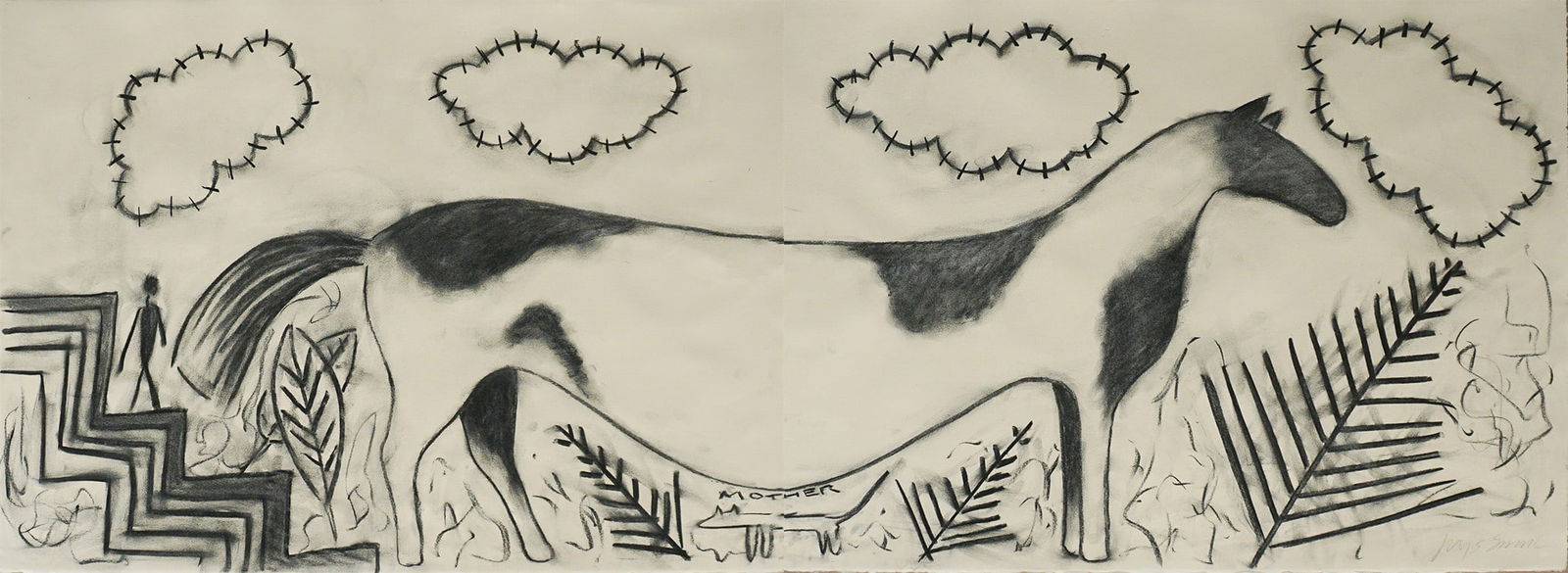 Jaune Quick-to-See Smith (Native American 1940-2025), Mother: Diptych, Charcoal on paper, Unframed.: Jaune Quick-to-See Smith(Native American, 1940-2025)Mother: DiptychCharcoal on paper; apparently in good condition. Unframed.Signed Jaune Smith in graphite l.r. and titled Mother l.c.