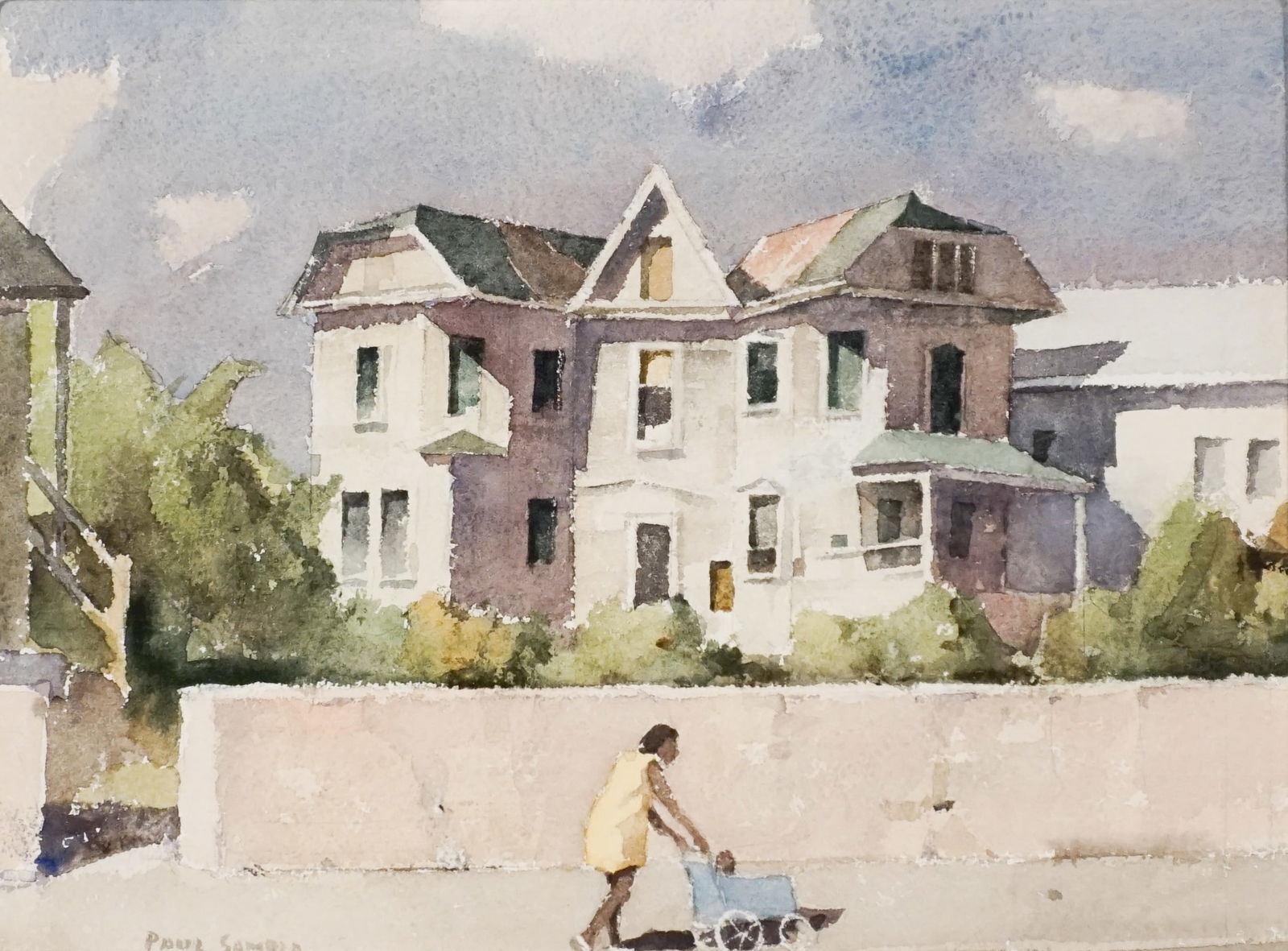 Paul Sample (American 1896-1974), Mother Pushing a Stroller, Watercolor on paper, Sight size: 11 x: Paul Sample(American, 1896-1974)Mother Pushing a StrollerWatercolor on paper; apparently in good condition. Framed.*Signed Paul Sample l.l.Sight size: 11 x 15 in (27.9 x 38.1 cm); Frame: 16-1/2 x 20-