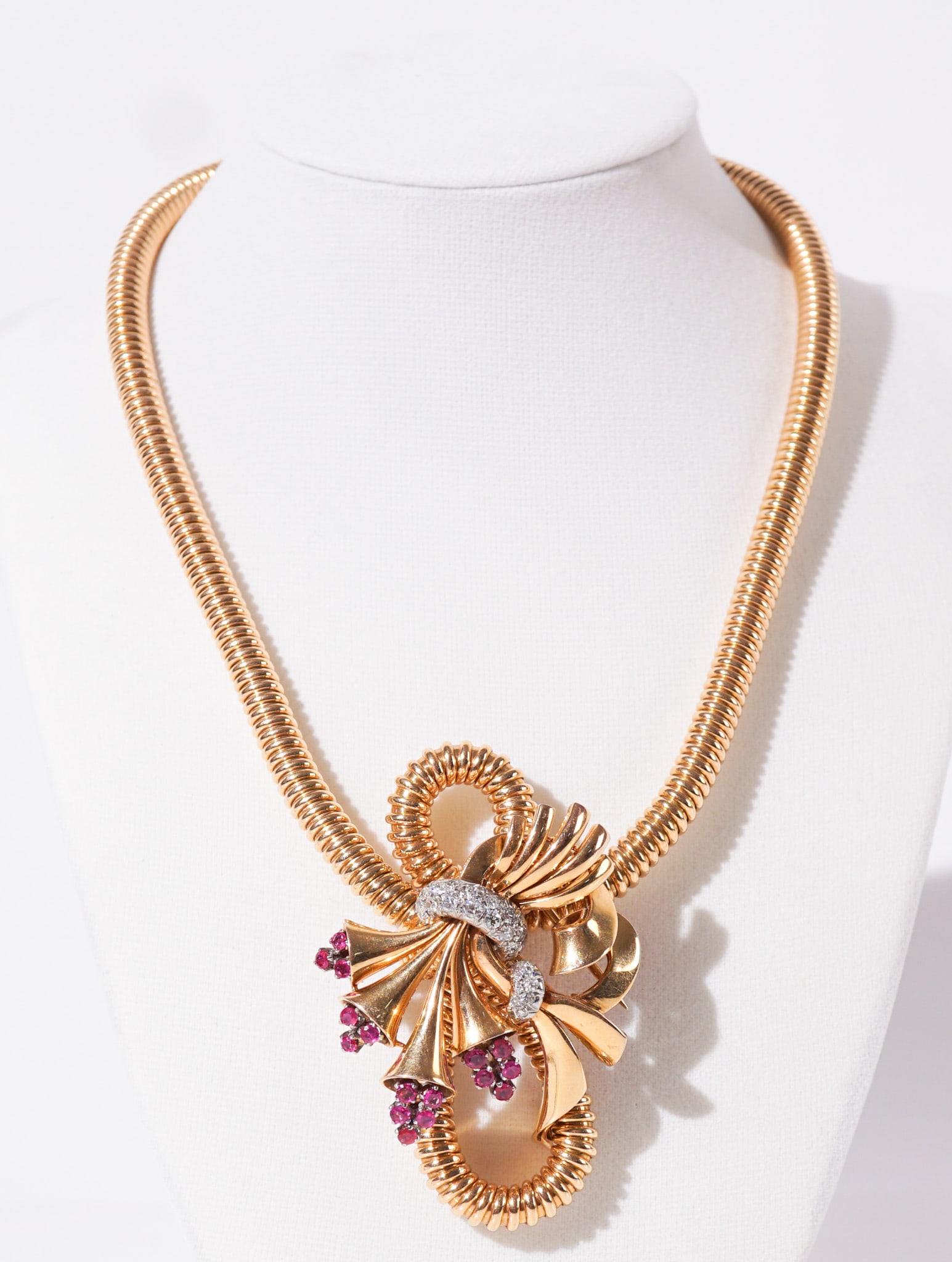 Retro Tested 18-Karat Yellow-Gold, Ruby and Diamond Pendant Necklace, Total gross weight: 62.1 dwt., (1 of 6)