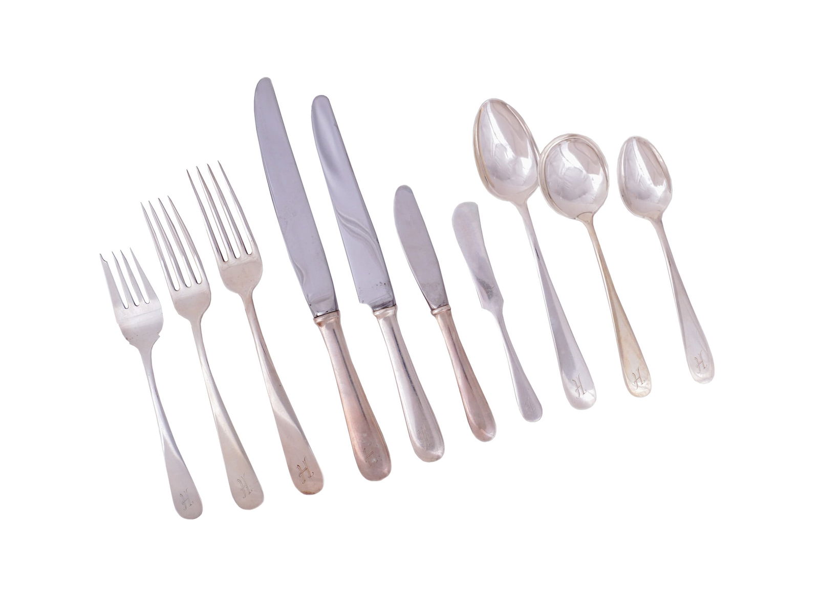 S. Kirk and Son Sterling Flat Table Service, Baltimore, Old Maryland Plain Pattern, Introduced 1850,: S. Kirk and Son Sterling Flat Table ServiceBaltimore, Old Maryland Plain Pattern, Introduced 1850Consisting of:12 Dinner knives12 Luncheon knives8 Filled handle butter knives12 Flat butter spreaders12