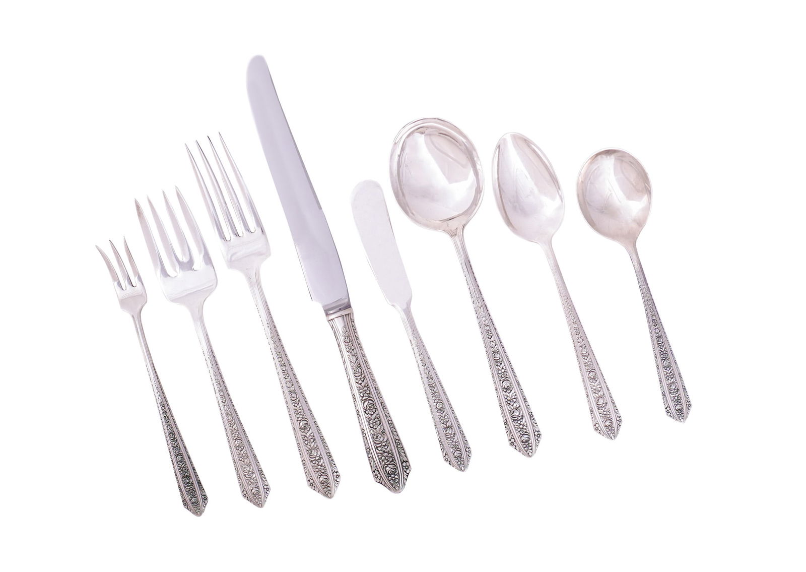 William Warren for Wallace Silversmiths Flat Table Service, Wallingford, Normandie Pattern,: William Warren for Wallace Silversmiths Sterling Flat Table ServiceWallingford, Normandie Pattern, Introduced 1933Consisting of:8 Luncheon knives8 Butter spreaders7 Luncheon forks8 Salad forks8 Seafoo