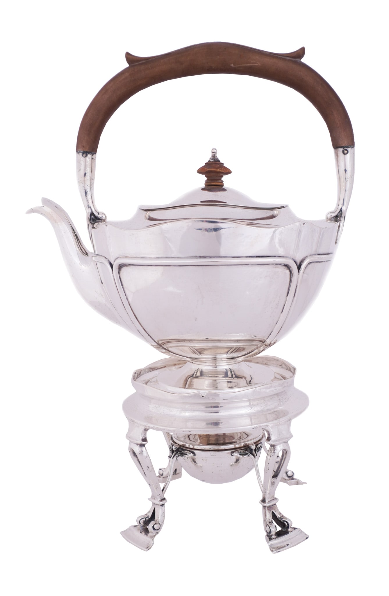 George V Silver 'Water Lotus' Hot Water Kettle on Burner Stand, Designed by Christopher Dresser (1 of 3)