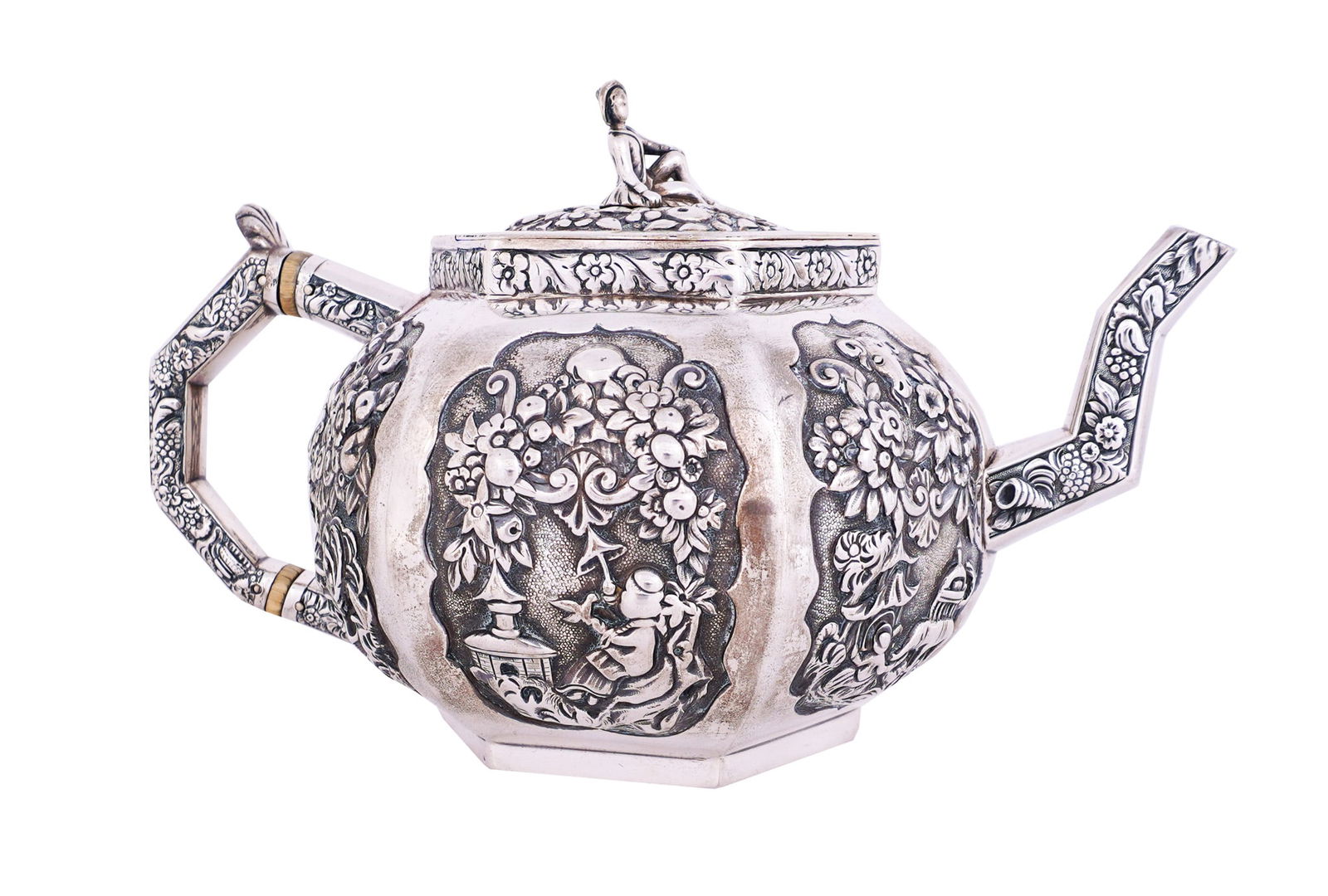 George IV Chinoiserie Repoussé Silver Hexagonal Teapot, Paul Storr, London, Circa 1823, Length: (1 of 5)