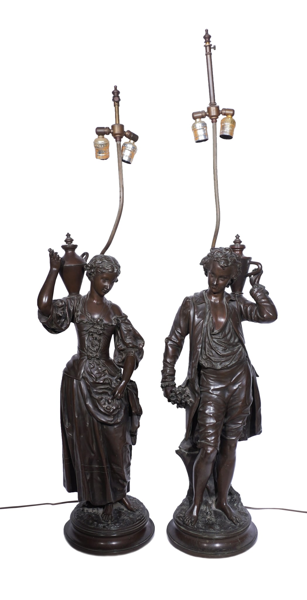 Pair of French Brown Patinated Bronze Sculptures of 18th Century Gentleman and Woman, Each unsigned, (1 of 2)